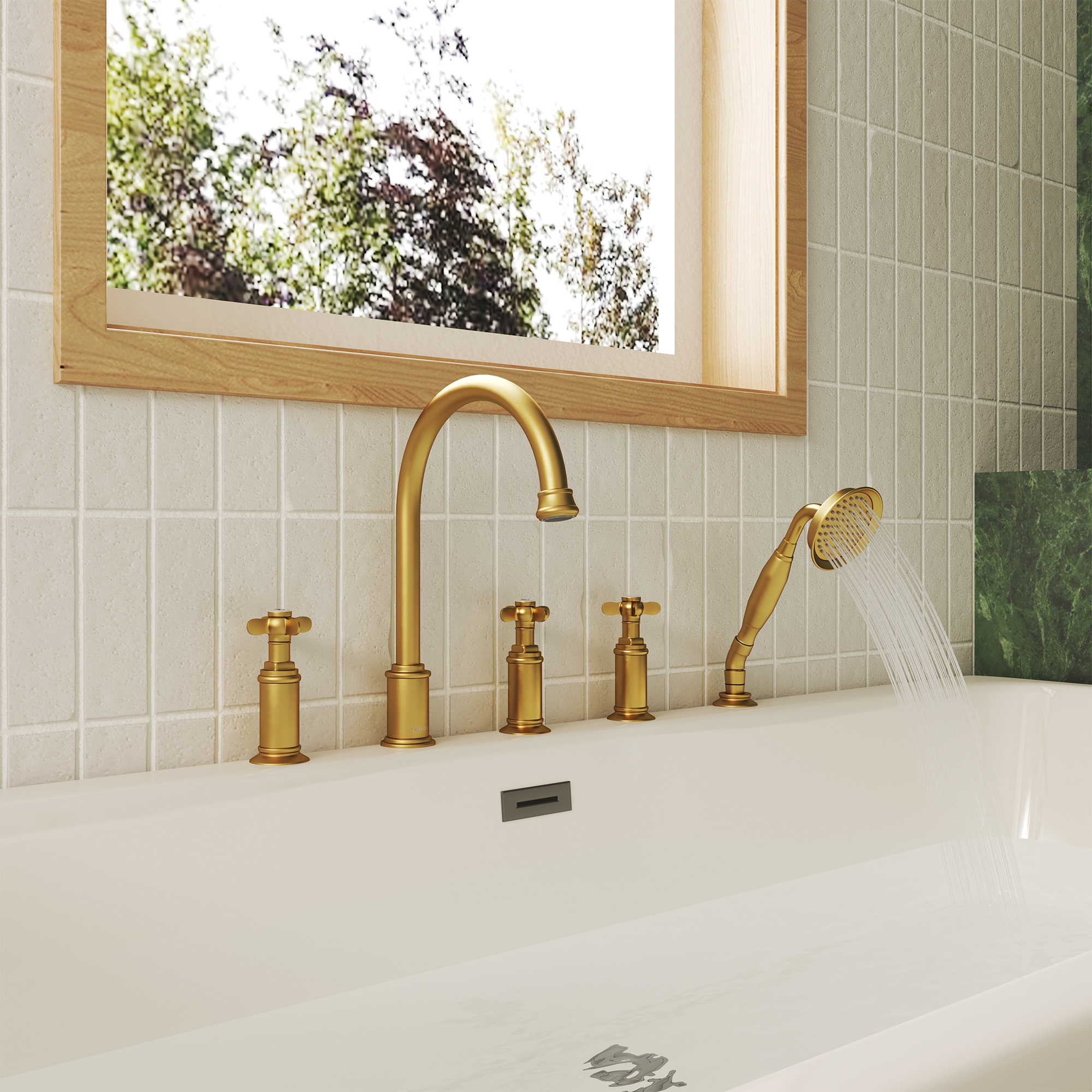 Brushed Gold 5-Hole Deck Roman Tub Faucet with Hand Shower - DANUBE