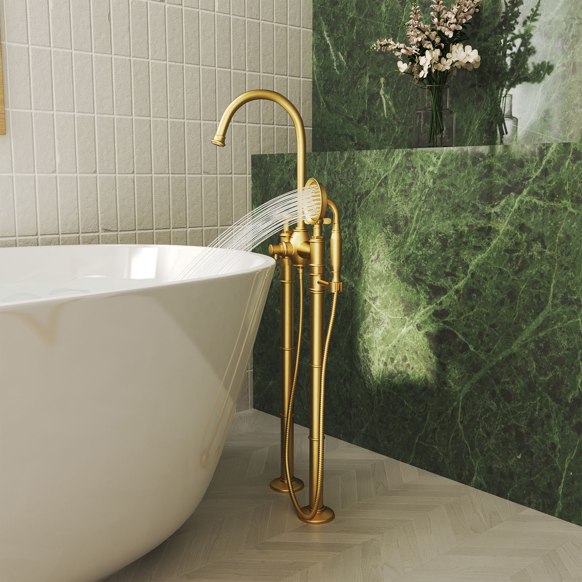 Brushed Gold Freestanding Bathtub Faucet with Hand Shower - DANUBE