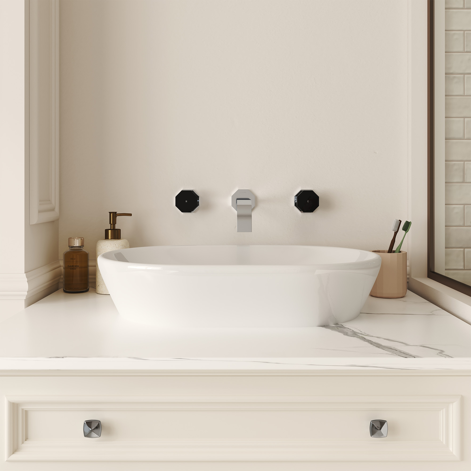 Chrome Wall-Mounted Bathroom Faucet with Black PVD Octagonal Handles - OCTAGON