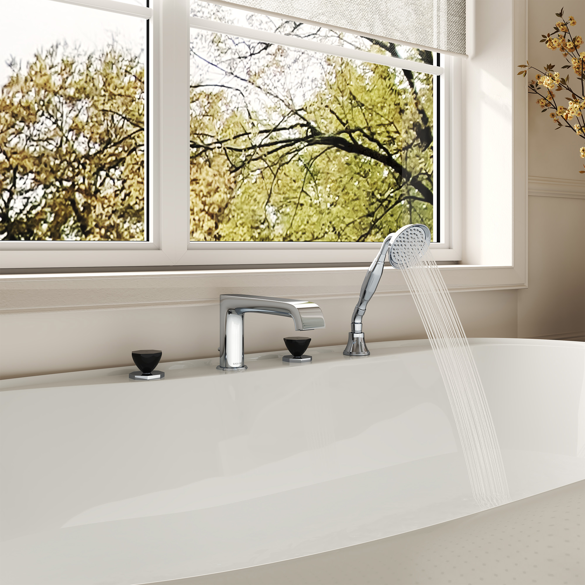 Chrome & Black PVD 4-Hole Roman Tub Faucet with Hand Shower - OCTAGON