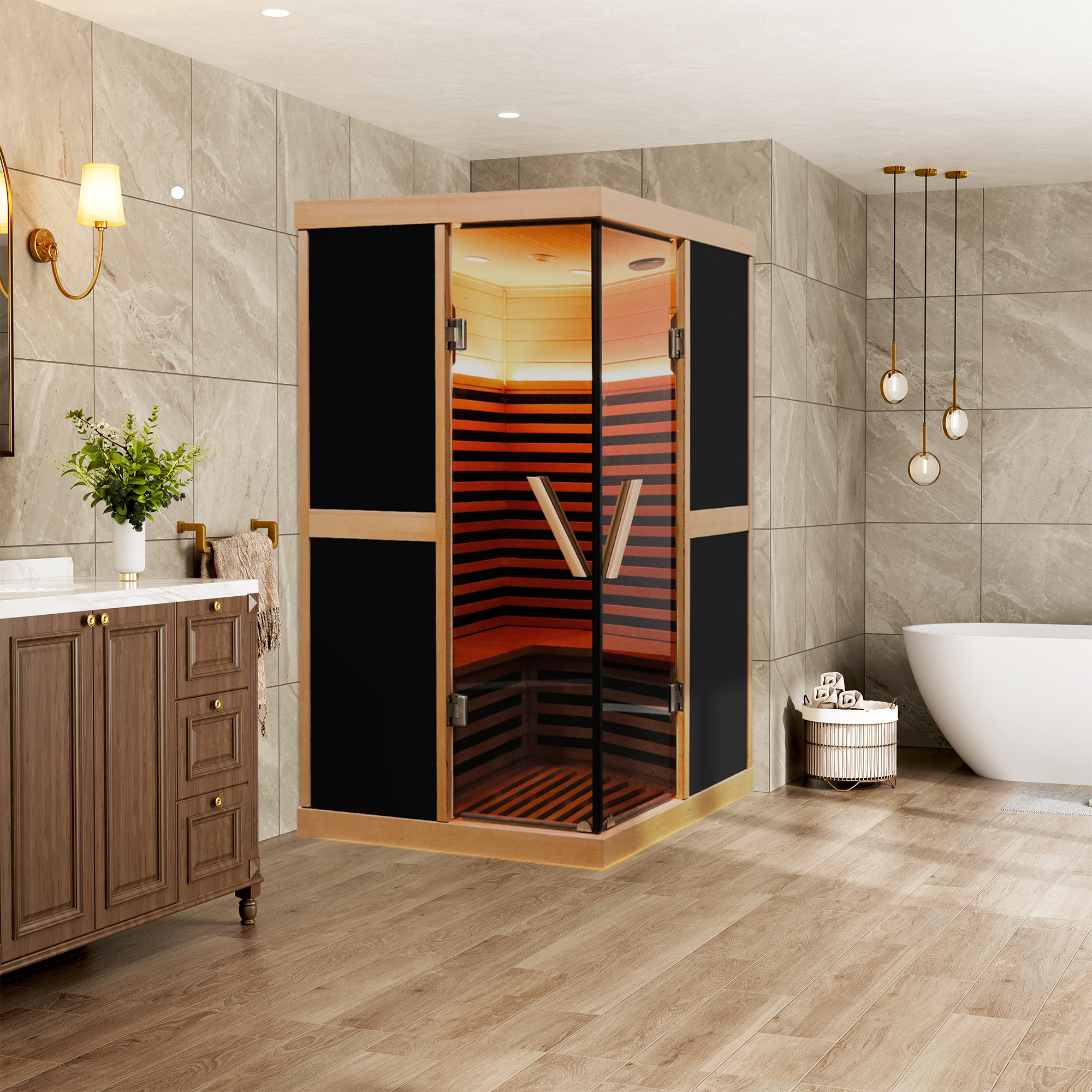 Hemlock Wood Double Person V-Shaped Infrared Sauna with Dual Glass Doors