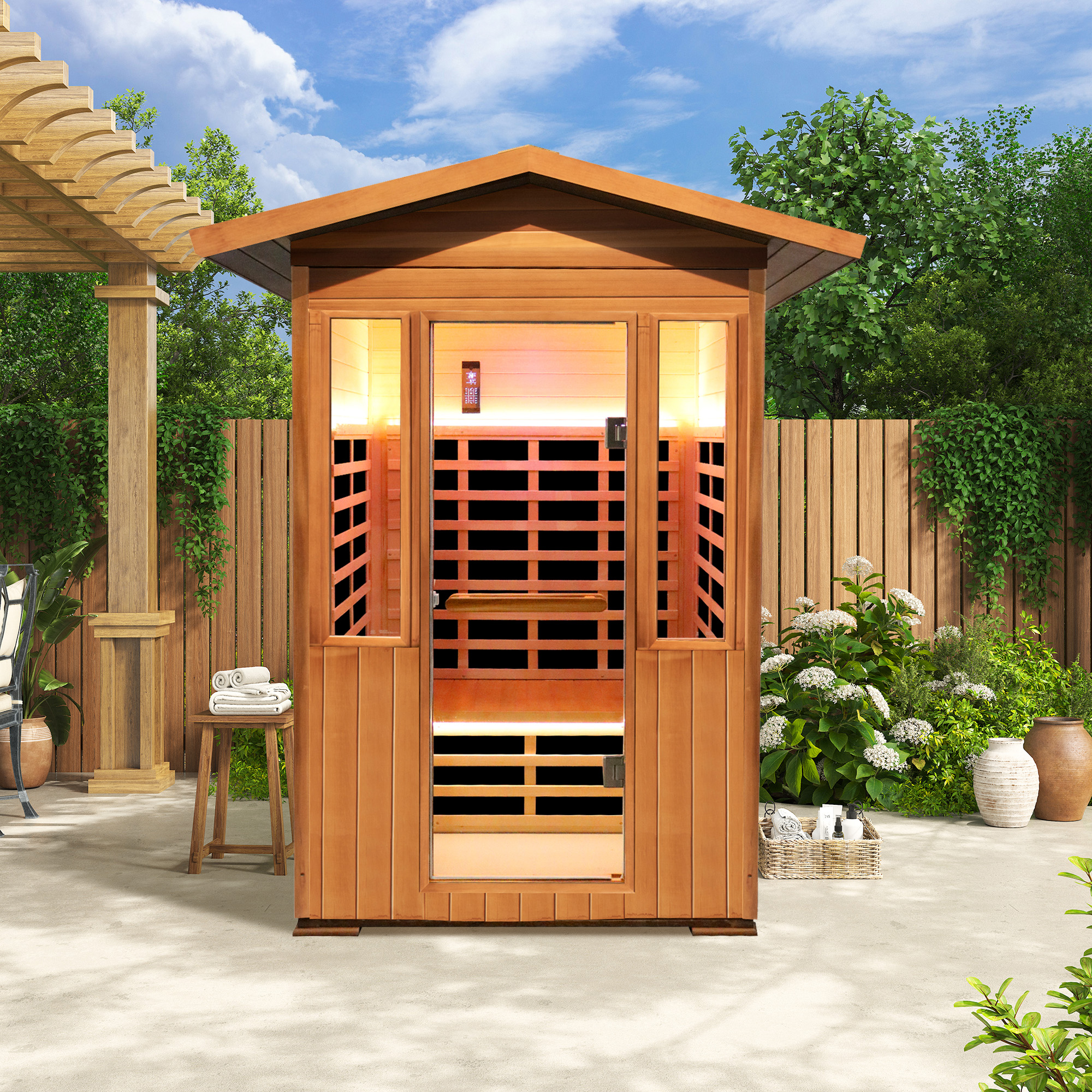 Peak Roof Outdoor Red Cedar Infrared Sauna with Bluetooth & Lighting