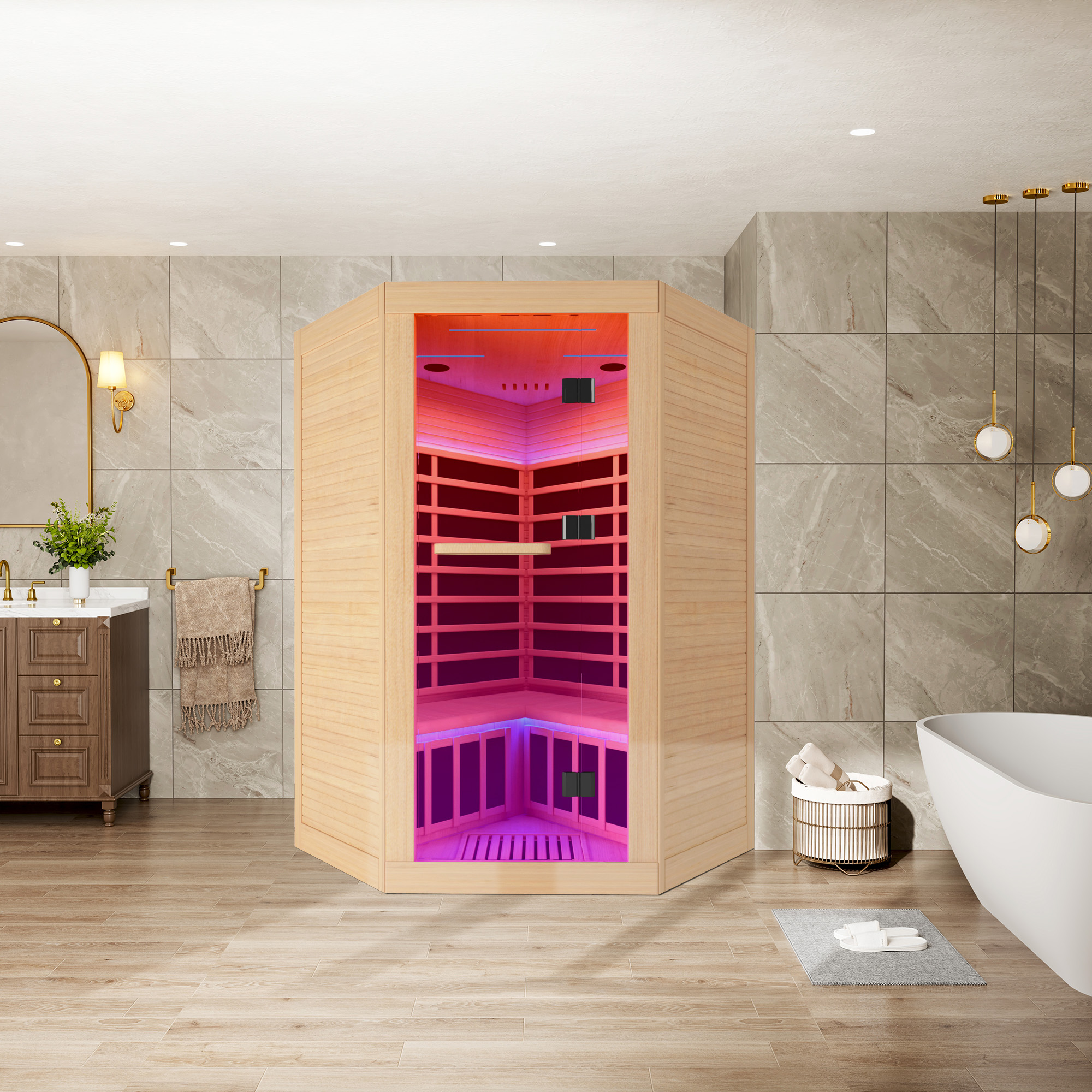 Canadian Hemlock 2-Person Infrared Corner Sauna with Chromotherapy & Bluetooth