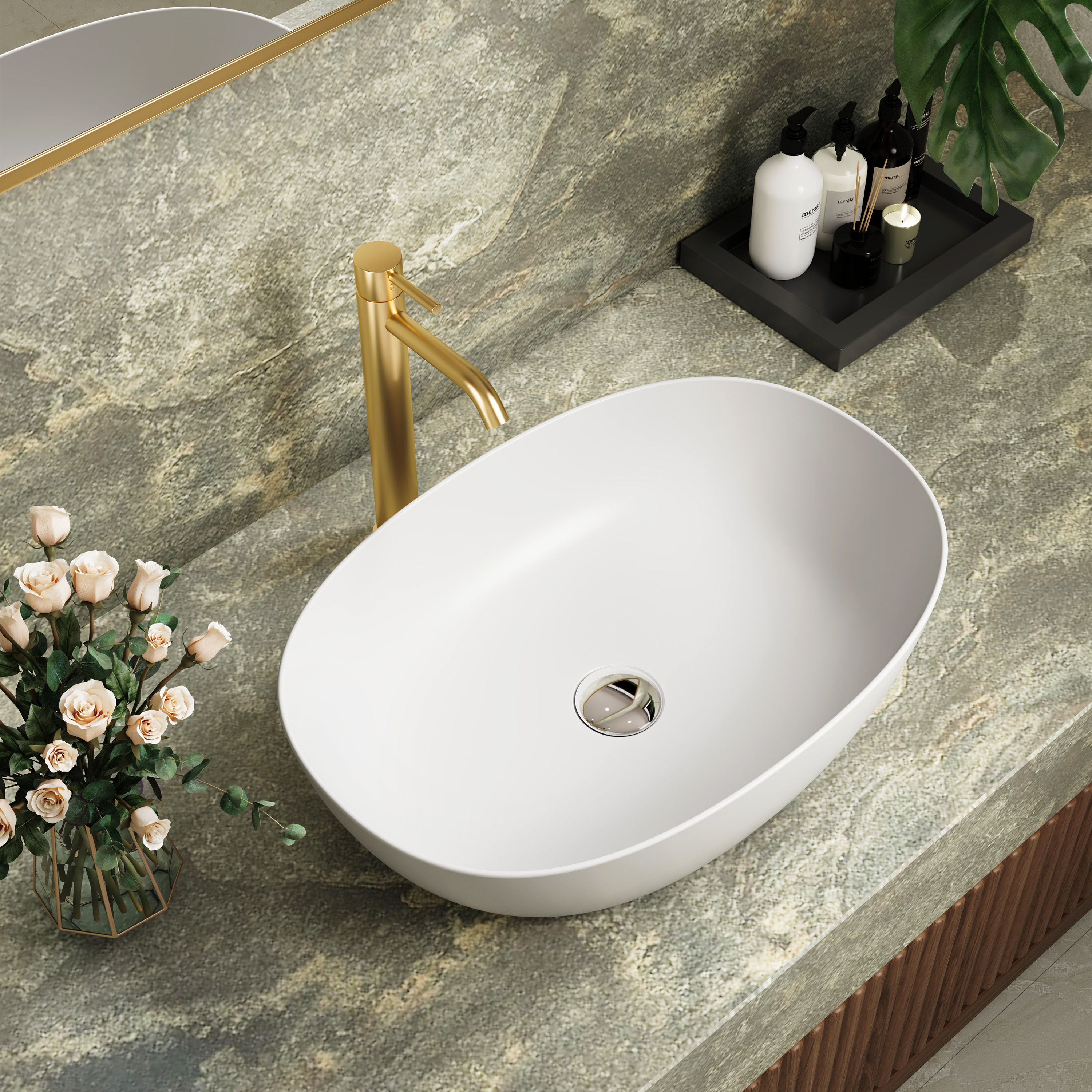 22" Oval Solid Surface Bathroom Vessel Sink in Matte White