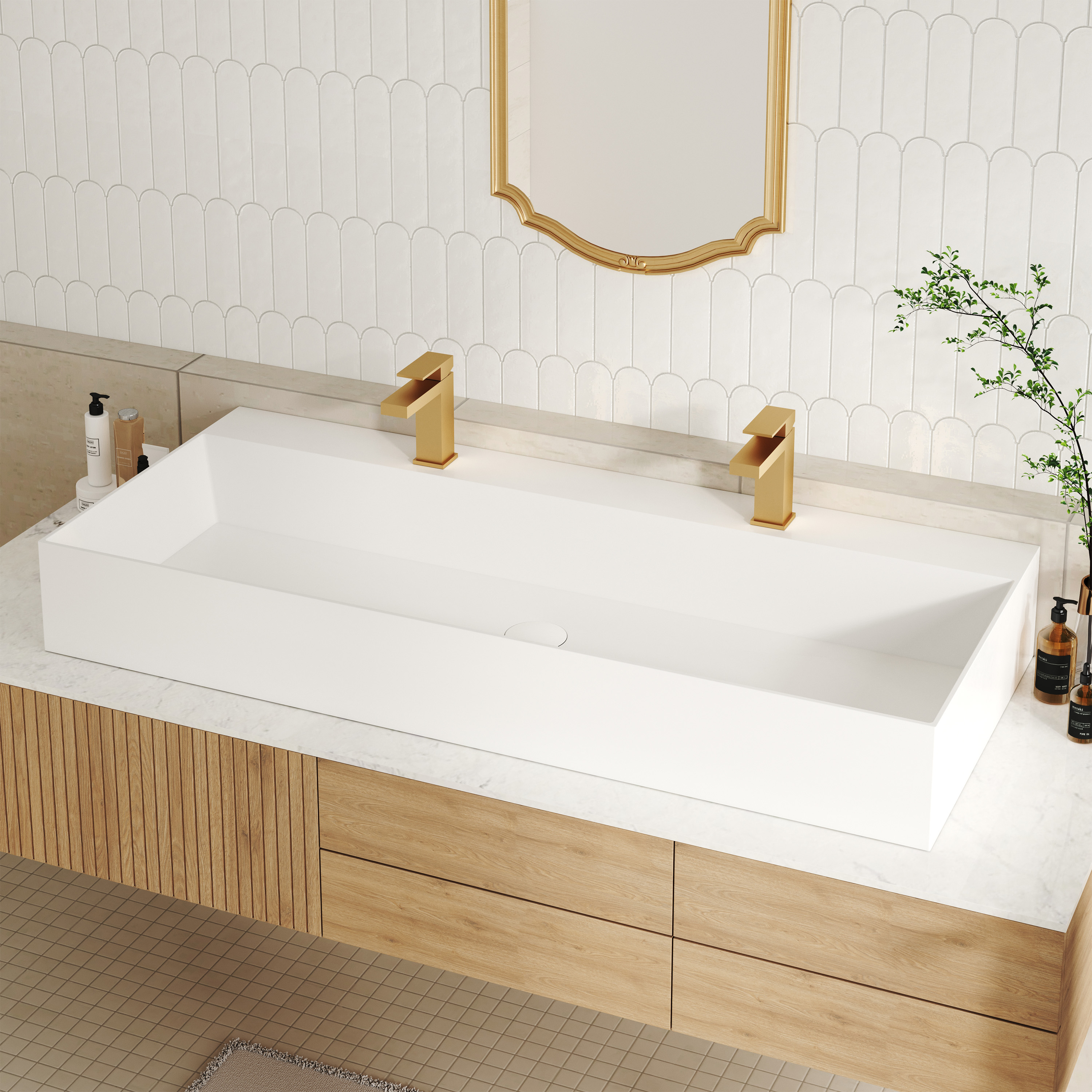 48" Wall Mounted Solid Surface Sink with 2 Faucet Holes