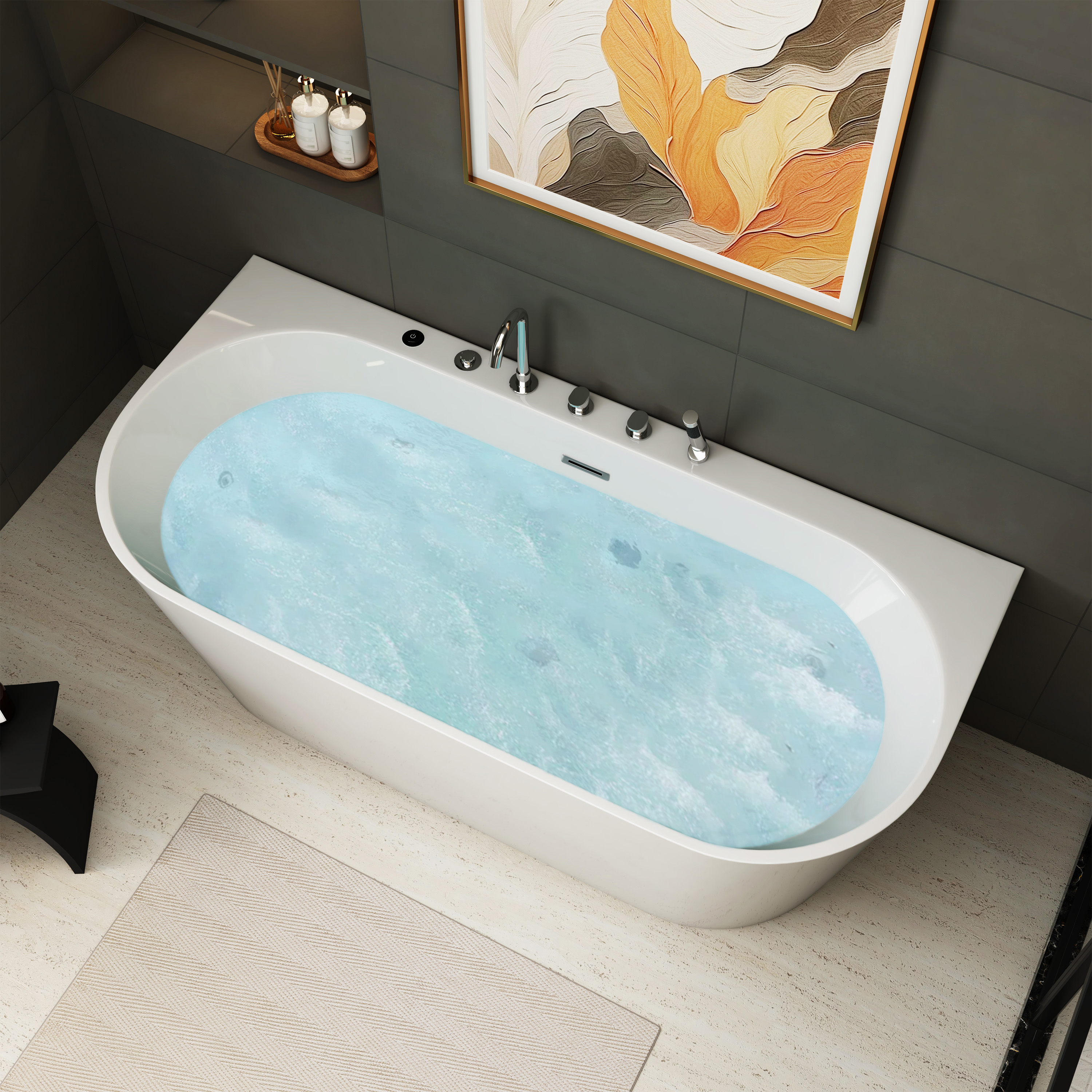 63" Acrylic Freestanding Whirlpool Bathtub with 6 Jets and 7-Color LED Light