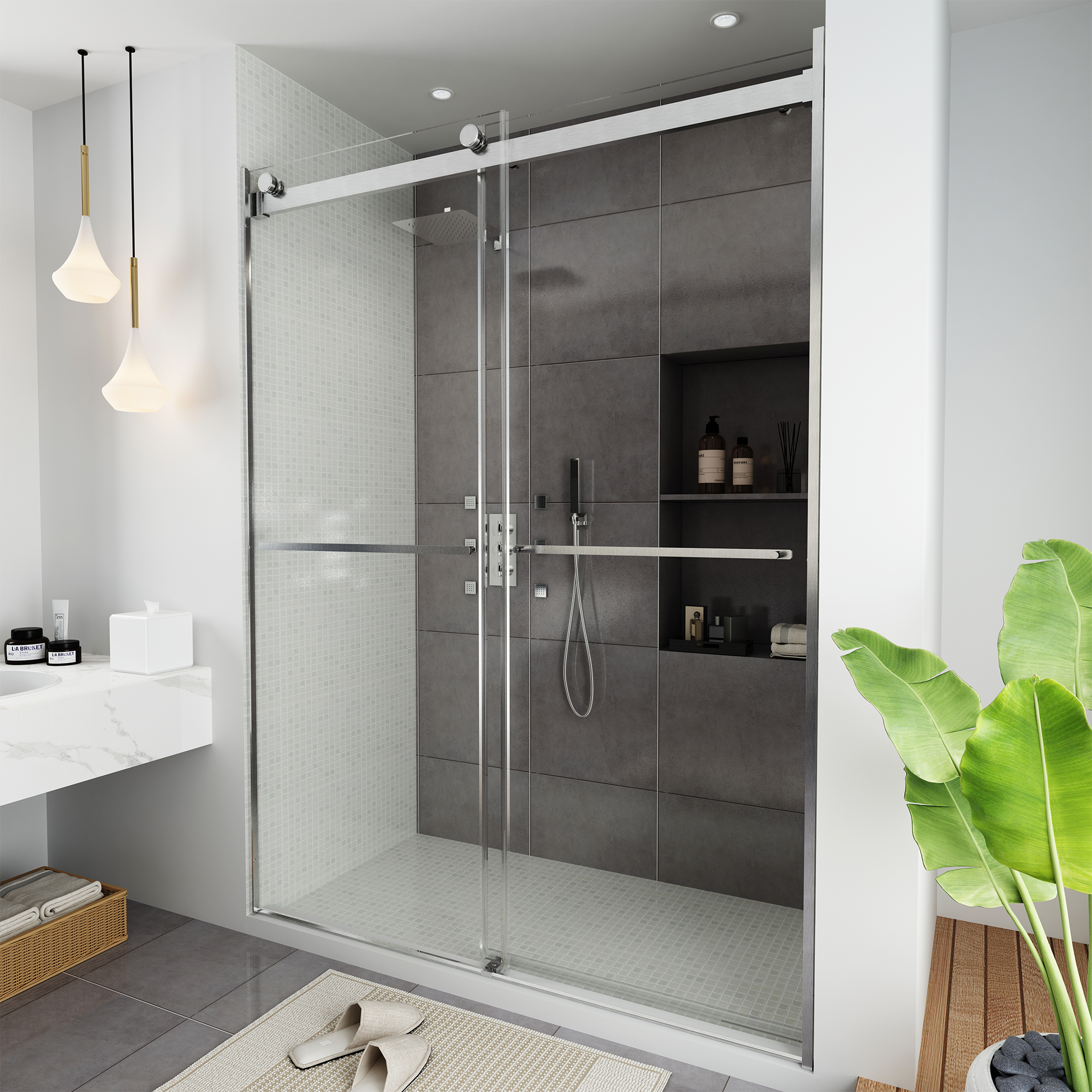 60"x76" Frameless Double Sliding Shower Door in Chrome/Brushed Nickel/Matte Black