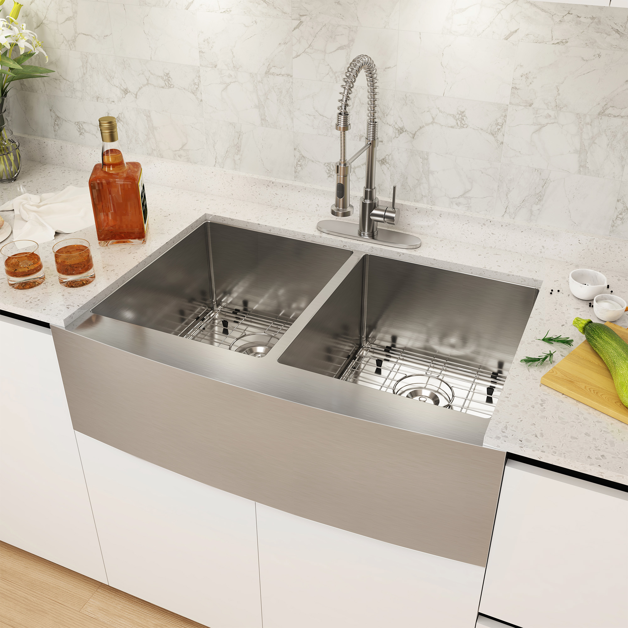 33 Inch Workstation Farmhouse Kitchen Sink Stainless Steel Apron Front Double Bowl Sink Basin
