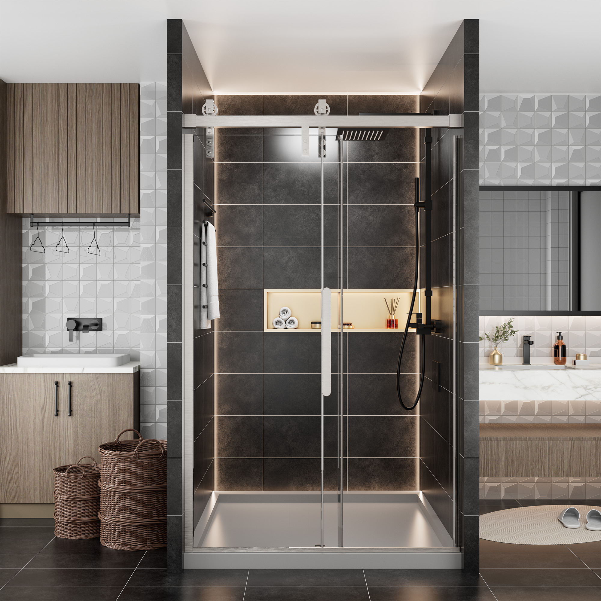 48.6  in. W x 76 in. H Framed Shower Door in Matte Black with Tempered Glass