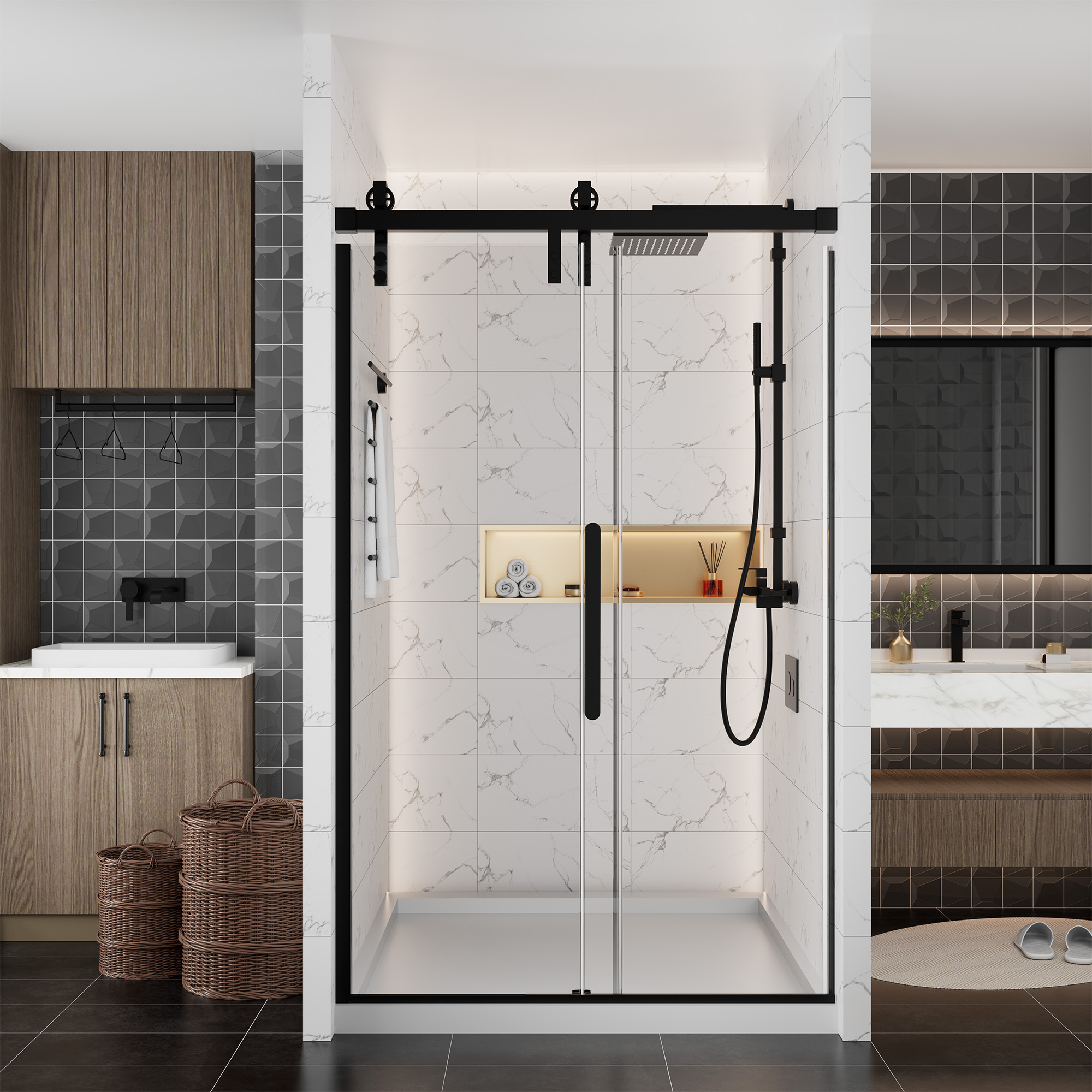 48.6  in. W x 76 in. H Framed Shower Door in Matte Black with Tempered Glass