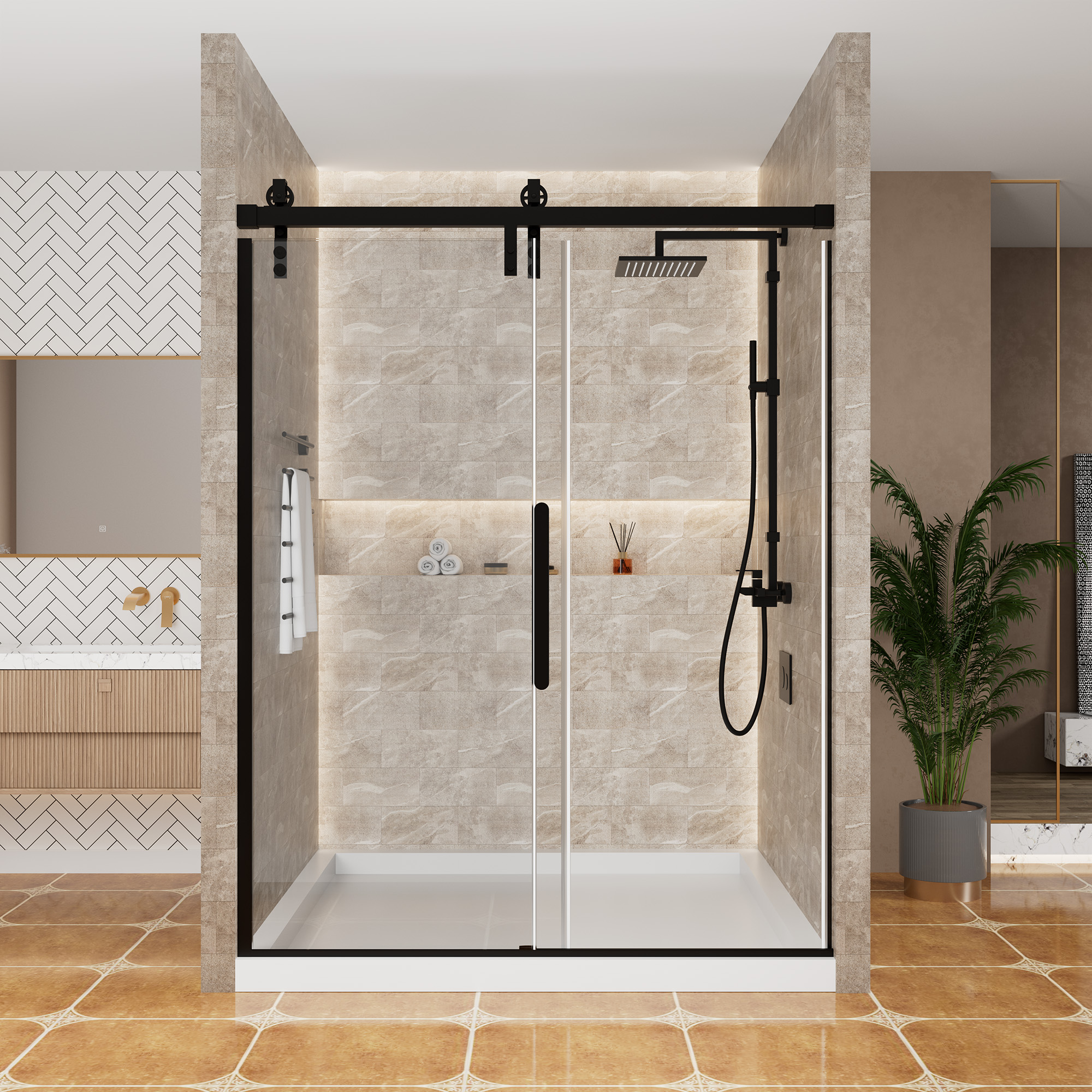60.6  in. W x 76 in. H Framed Shower Door in Matte Black with Tempered Glass