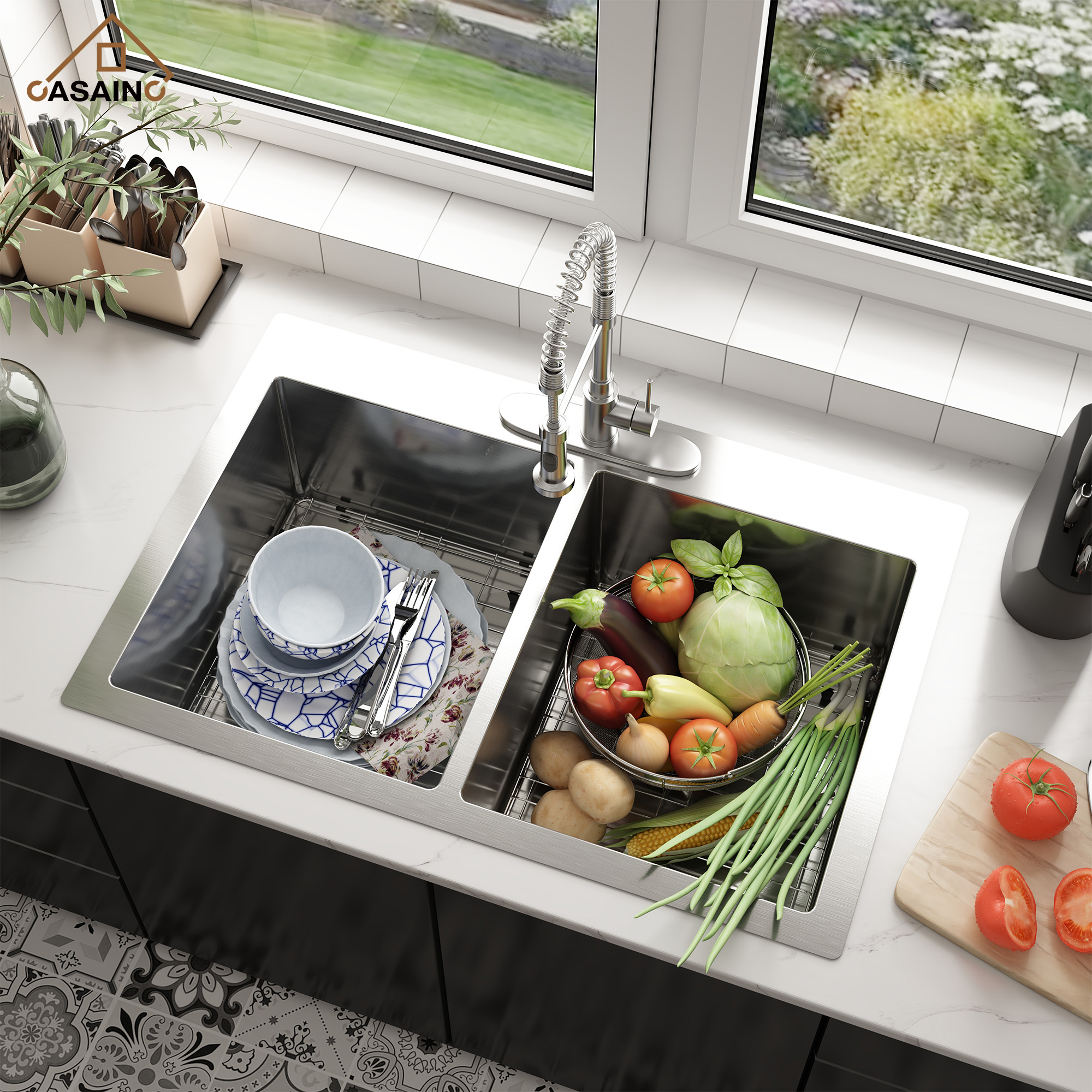 33 Inch Stainless Steel Topmount Kitchen Sink Drop In Workstation Brushed Kitchen Sink 18 Gauge 10 Inch Deep Single Bowl Kitchen Sink with Drainer and Drain Rack