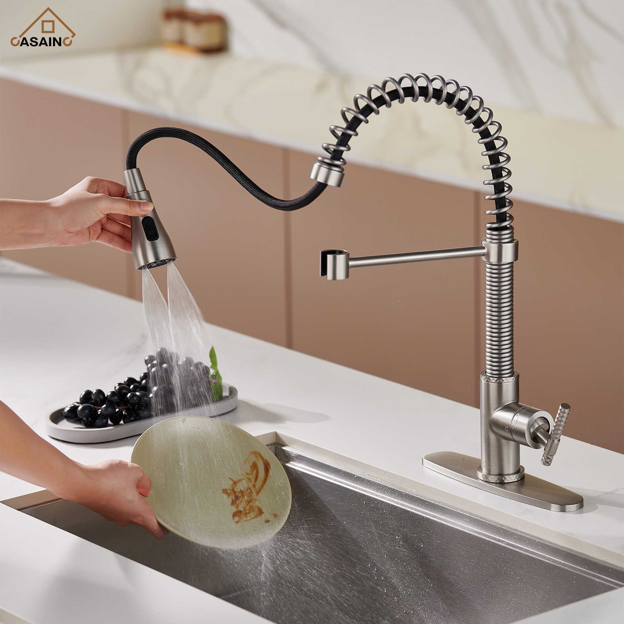  Pull-Down Sprayer Kitchen Faucet with 360° Swivel, Three Functions for Effortless Cooking and Cleaning