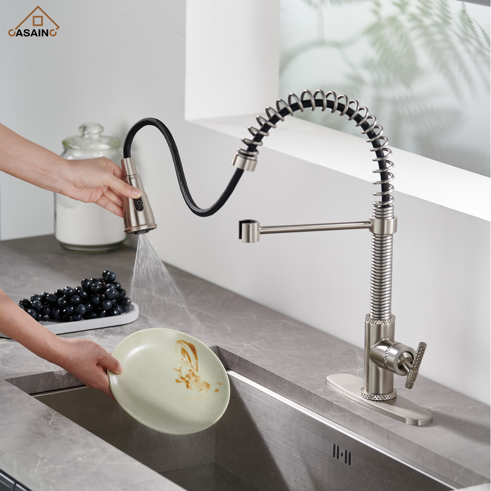 Pull-Down Sprayer Single Handle Kitchen Faucet 360° Swivel, Three Functions for Effortless Cooking and Cleaning