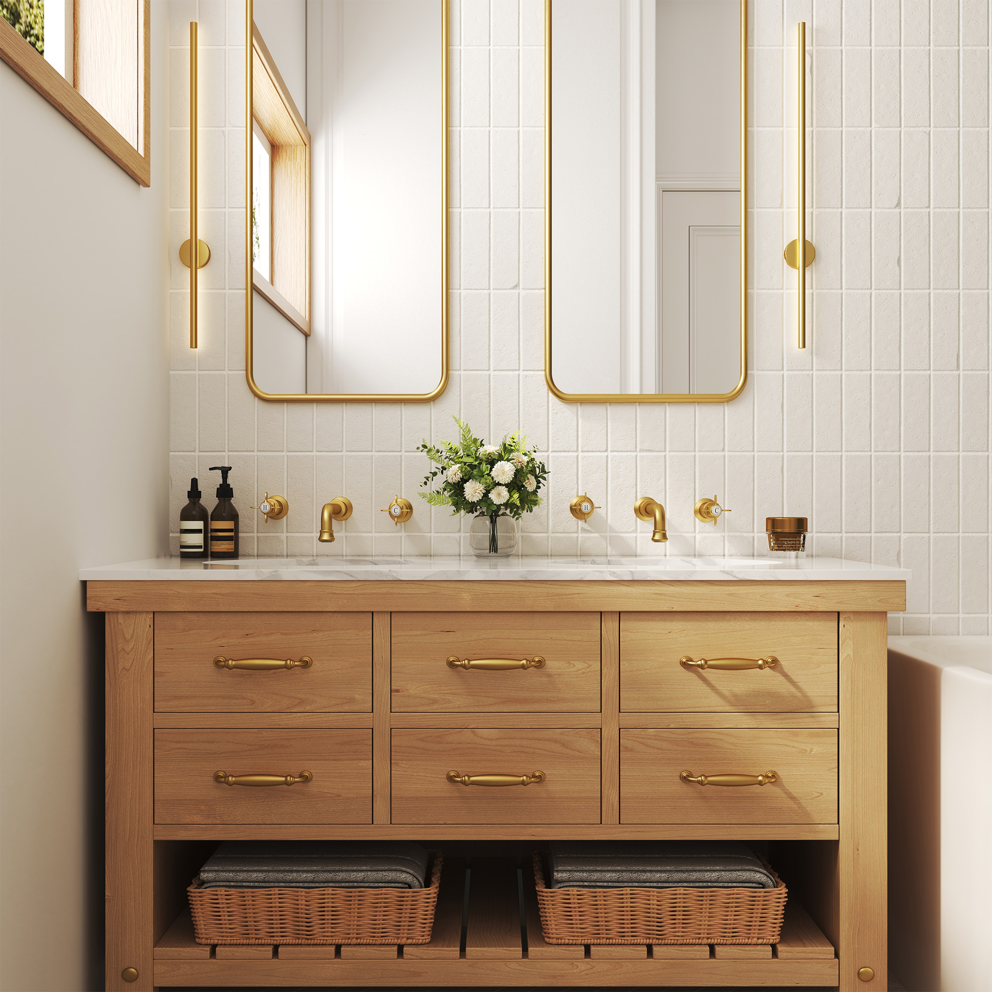 Cross Handles Brushed Gold Wall Mounted Bathroom Faucet – DANUBE