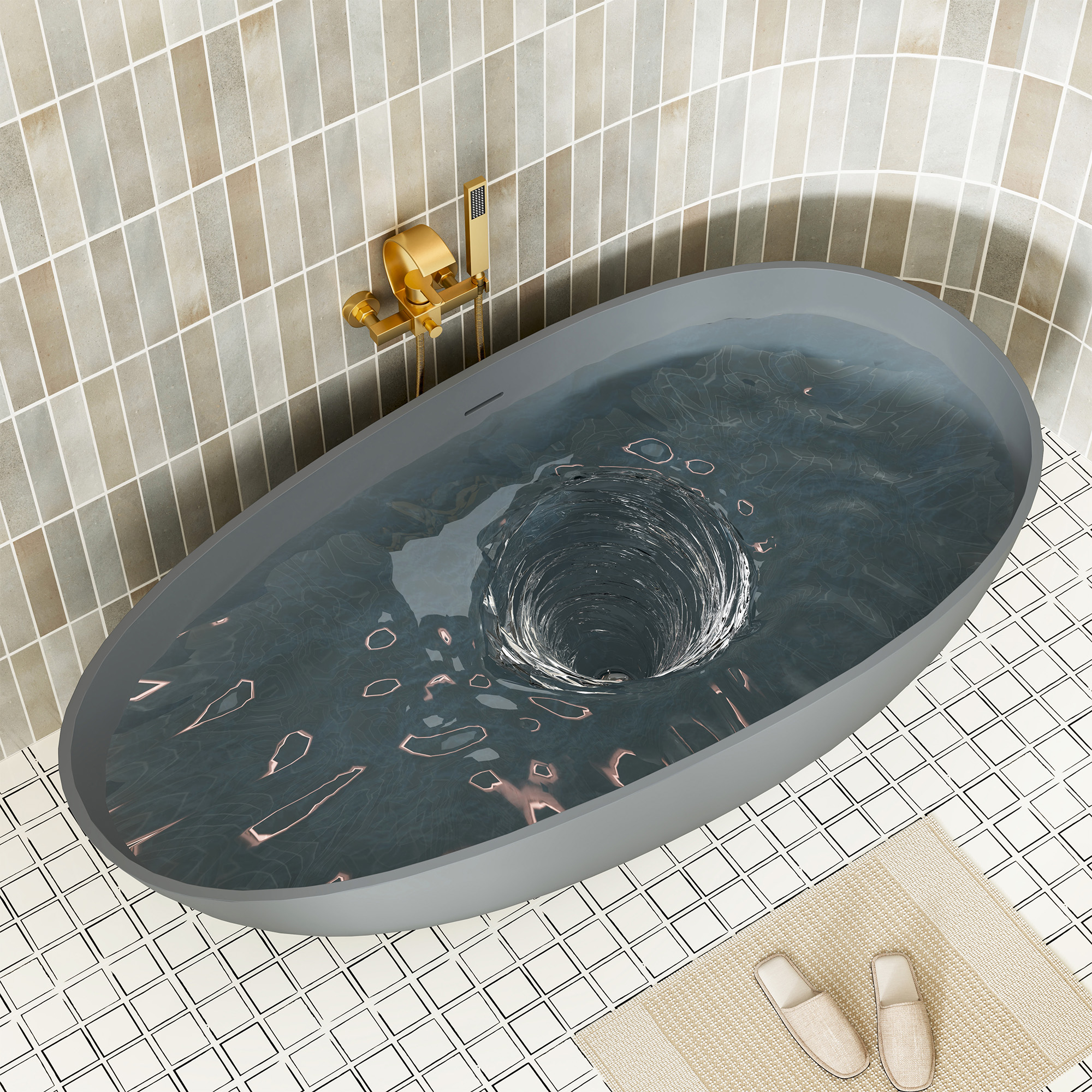 59" Non-porous Egg Shell Stone Resin Freestanding Soaking Tub Matte Black, Matte Grey - Egg Harbor