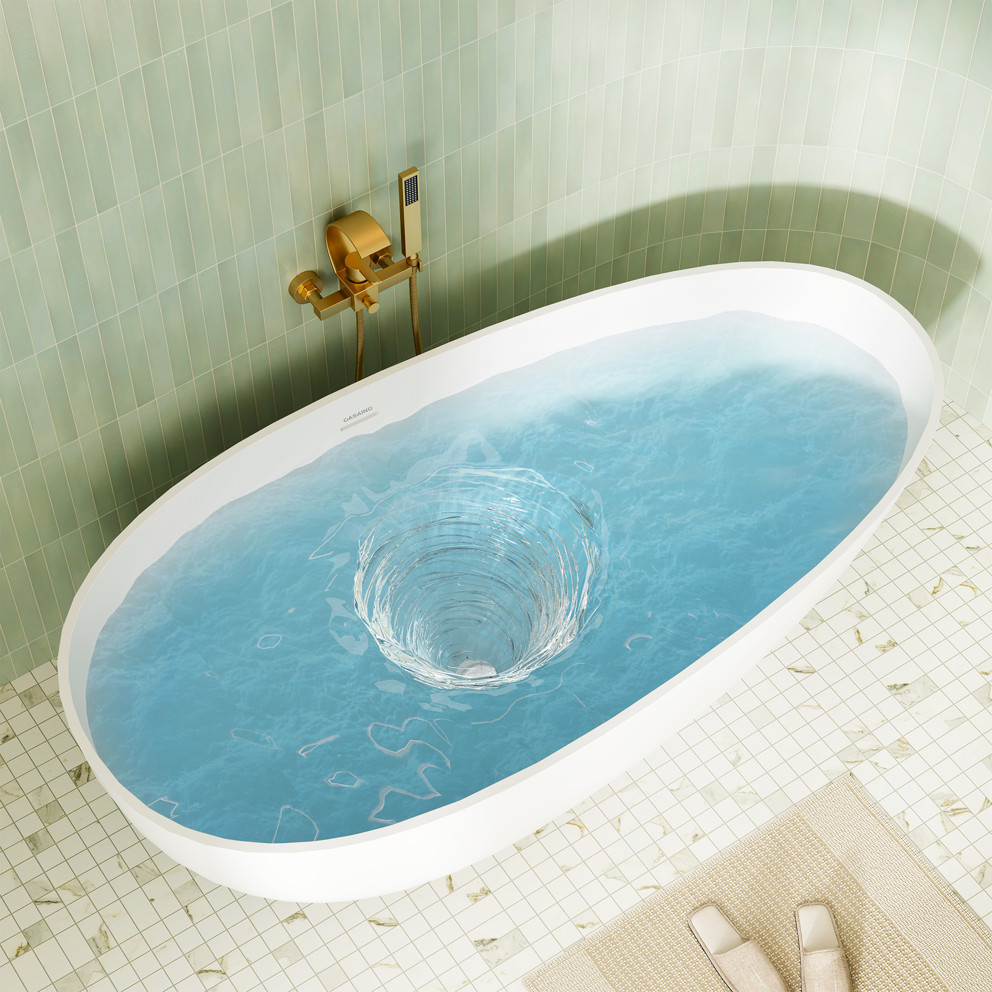 59/63/67/71" Matte White Egg Shell Stone Resin Freestanding Tub with Overflow and Drain - Egg Harbor