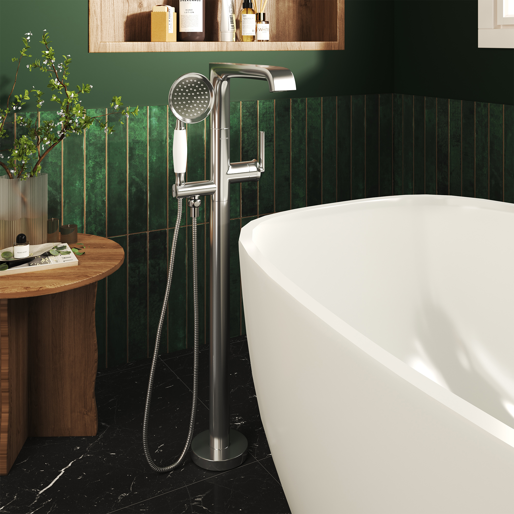 Polished Nickel Freestanding Floor Mount Bathtub Faucet with Hand Shower - HEXAGON