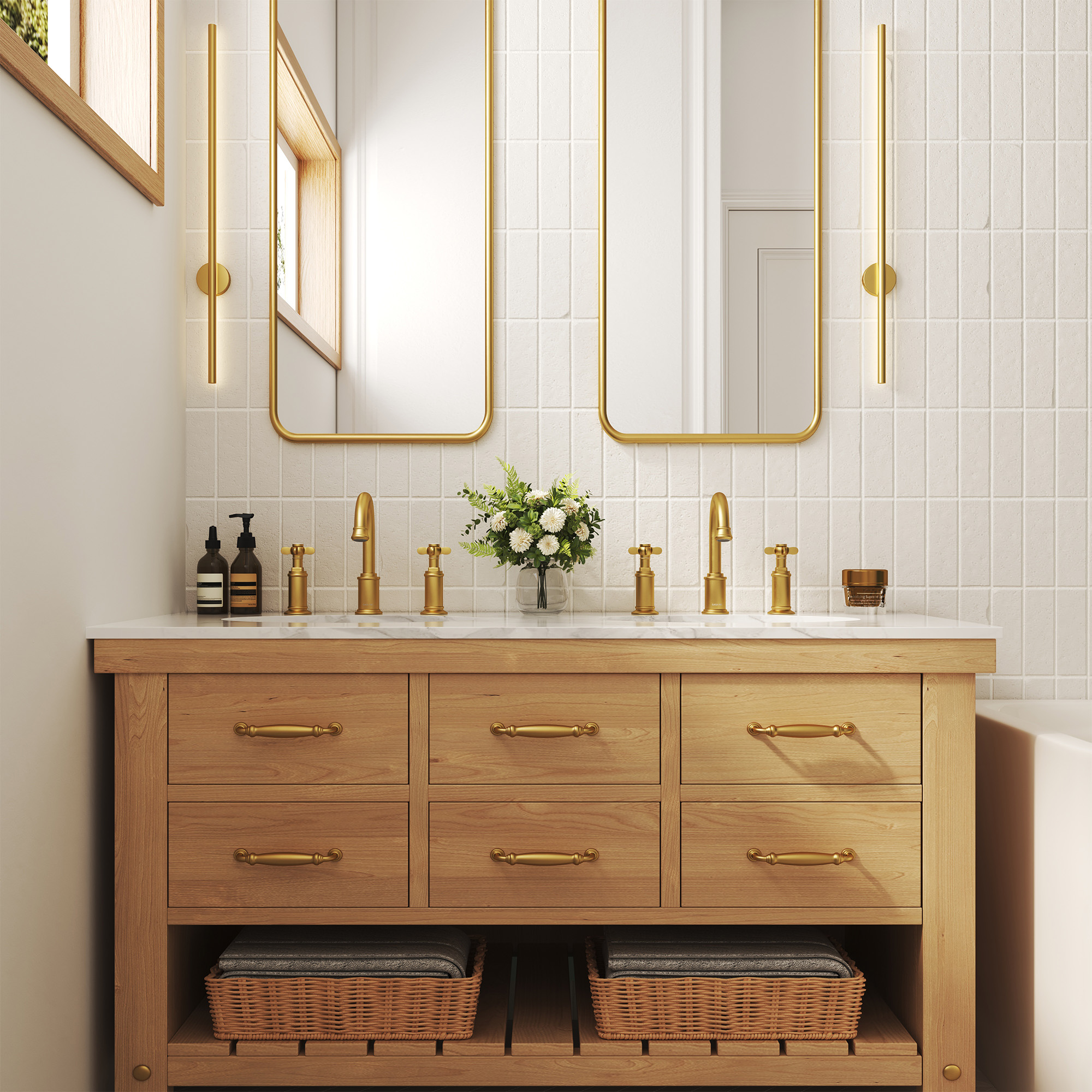 Cross Handles Brushed Gold Widespread Bathroom Faucet - DANUBE