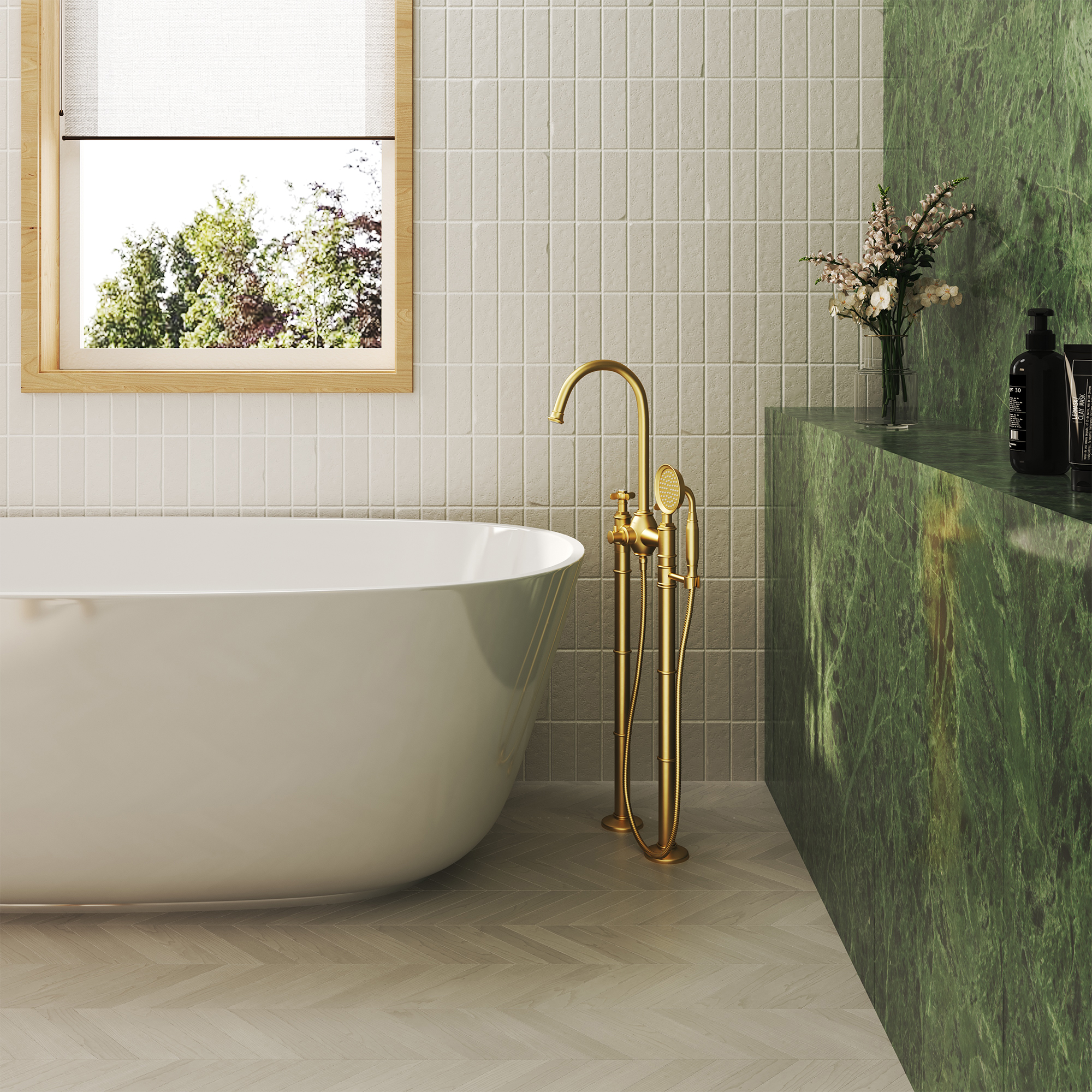 Brushed Gold Freestanding Bathtub Faucet with Hand Shower - DANUBE