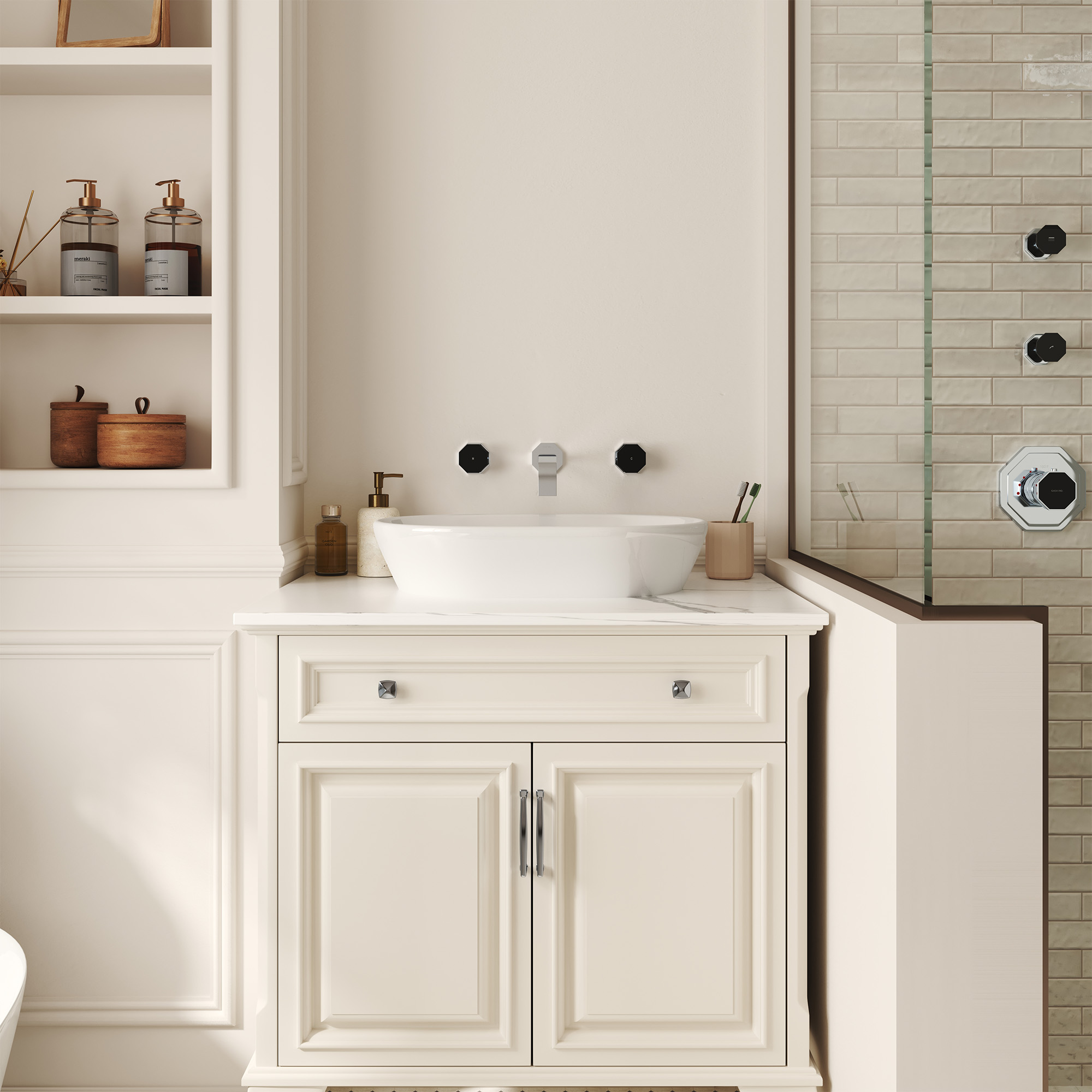 Chrome Wall-Mounted Bathroom Faucet with Black PVD Octagonal Handles - OCTAGON