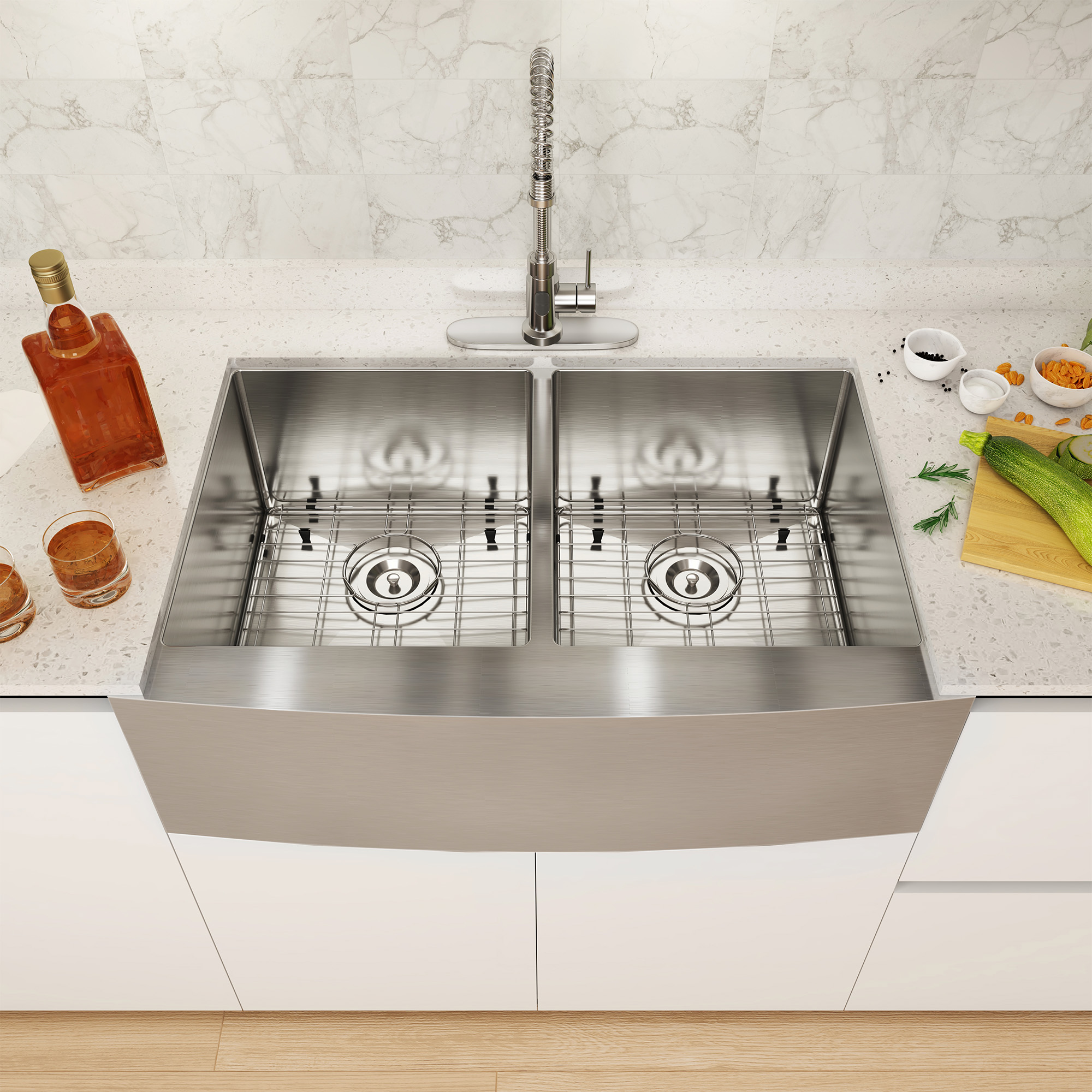 33 Inch Workstation Farmhouse Kitchen Sink Stainless Steel Apron Front Double Bowl Sink Basin