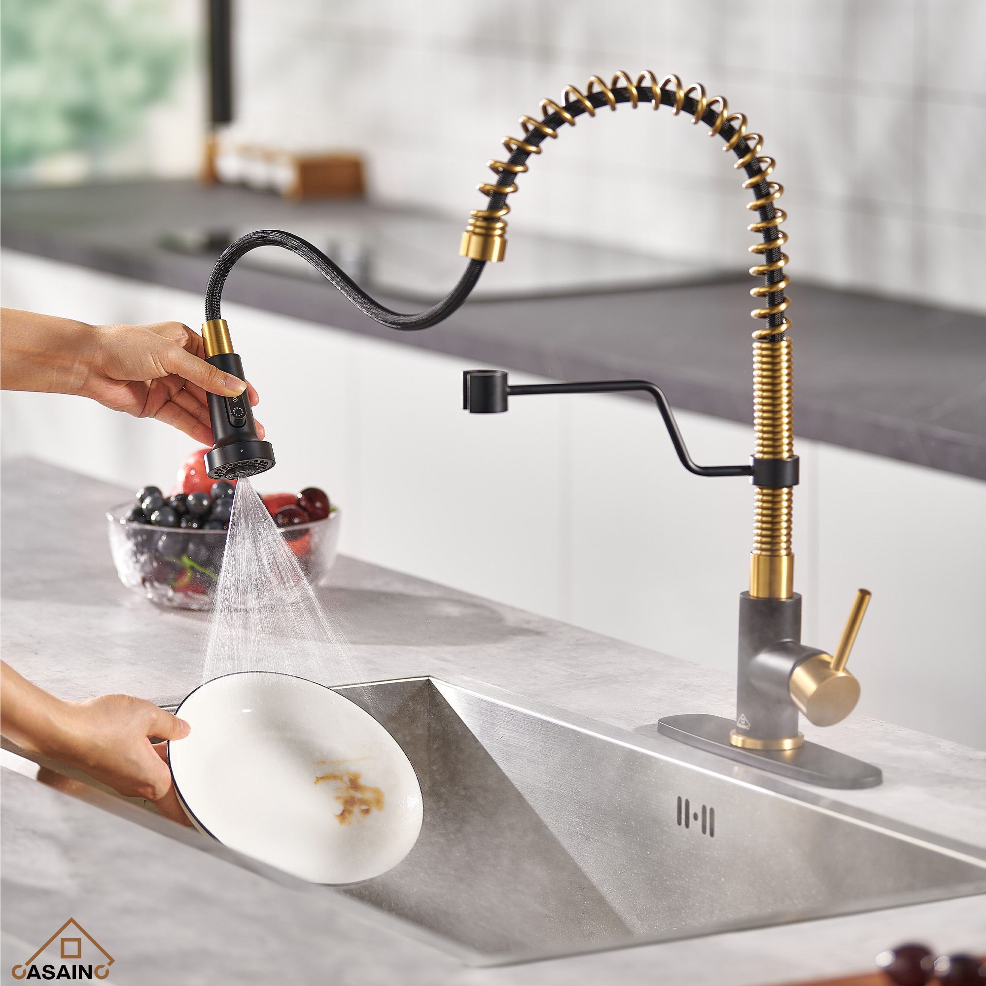 Modern Kitchen Faucet with Pull-Down Sprayer, 360° Swivel, Three Functions for Effortless Cooking and Cleaning