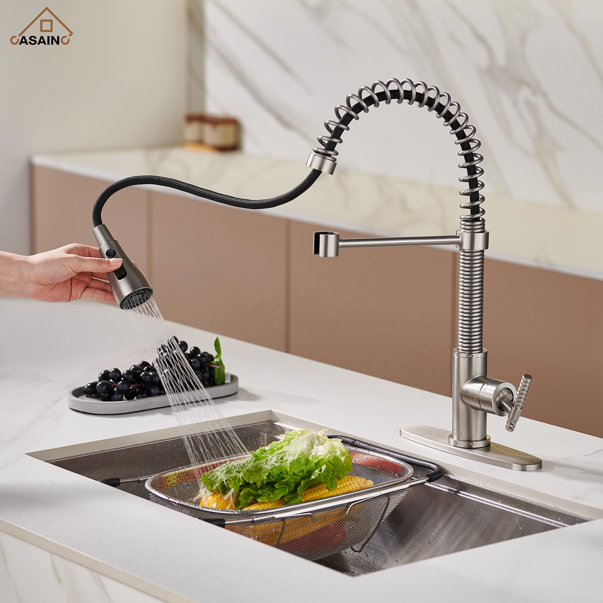  Pull-Down Sprayer Kitchen Faucet with 360° Swivel, Three Functions for Effortless Cooking and Cleaning