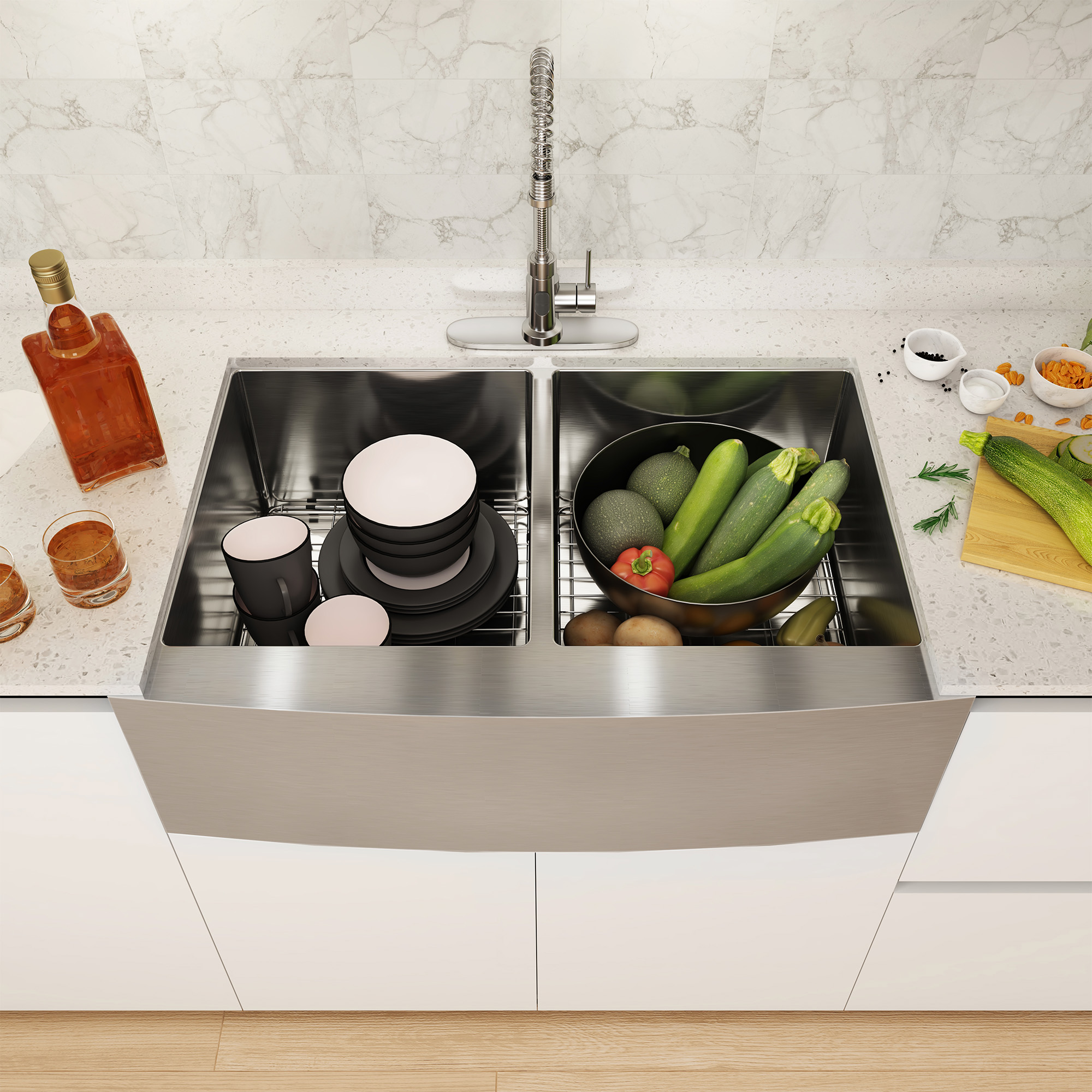 33 Inch Workstation Farmhouse Kitchen Sink Stainless Steel Apron Front Double Bowl Sink Basin