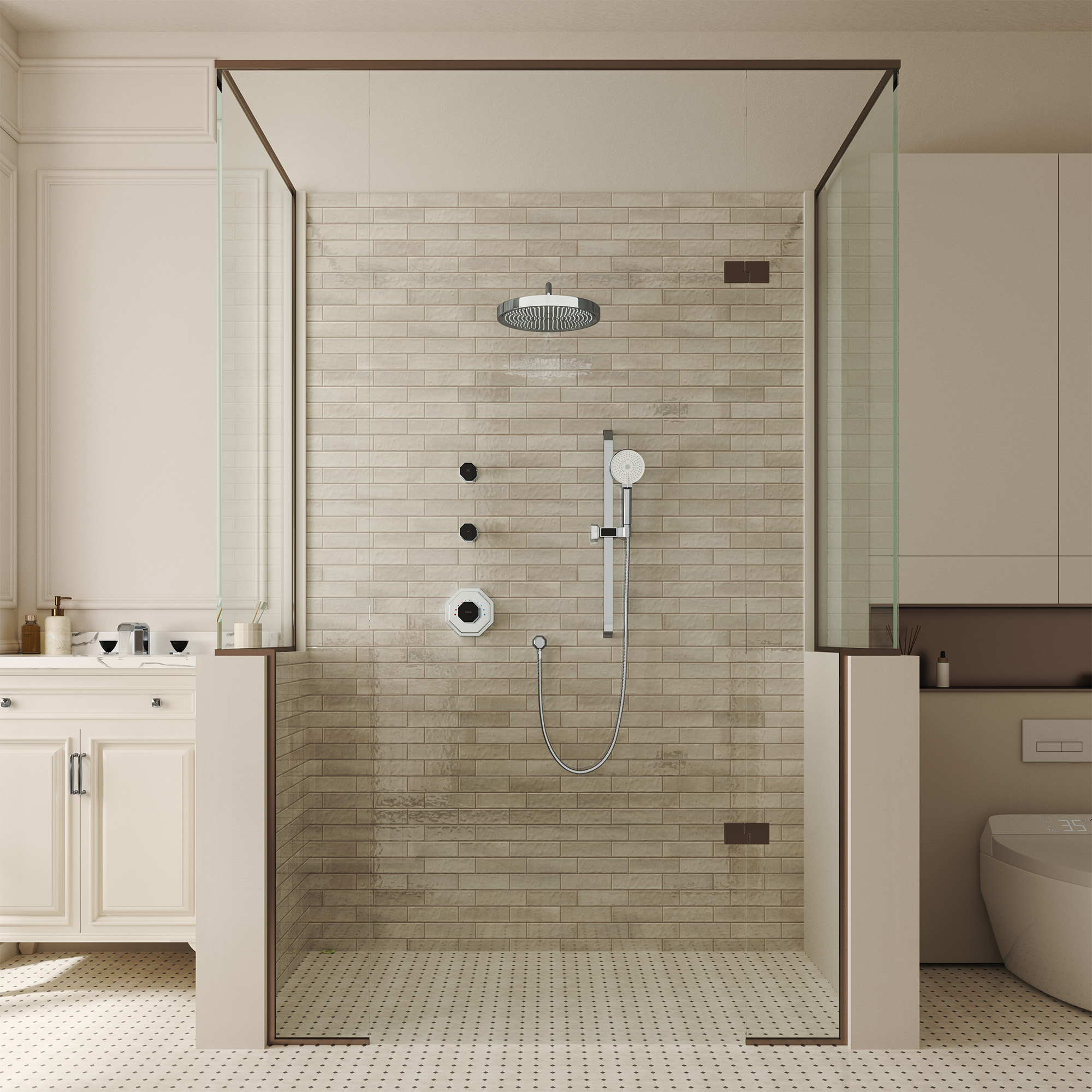 12" Rainfall Thermostatic Shower System with 3-Function Hand Shower - OCTAGON