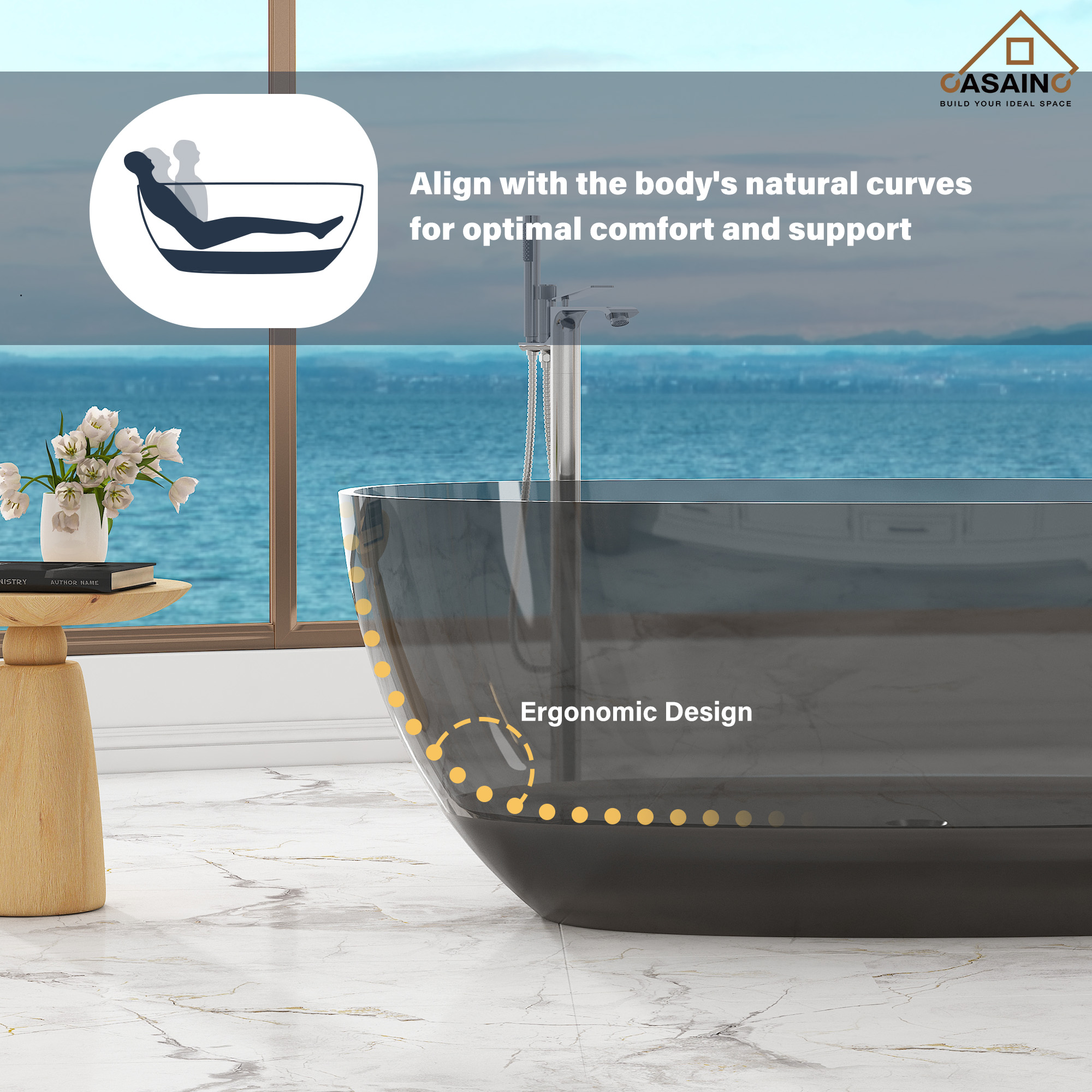 59"/67" Pure Resin Freestanding Transparent Bathtub with Center Drain