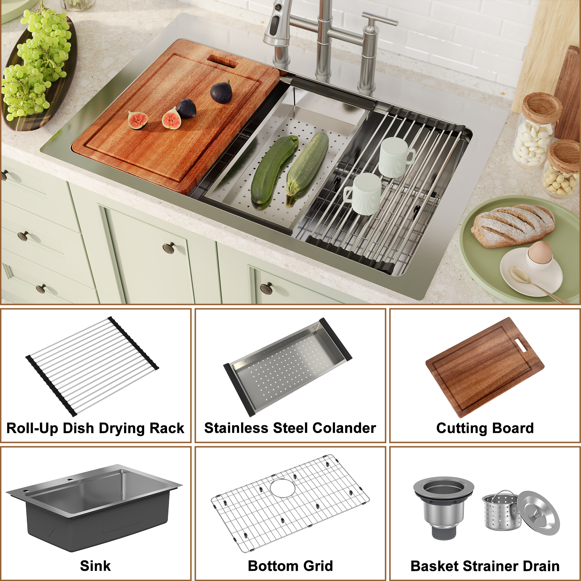 33inch 3-Hole Single Bowl Stainless Steel Drop-in Workstation Kitchen Sink with Accessories