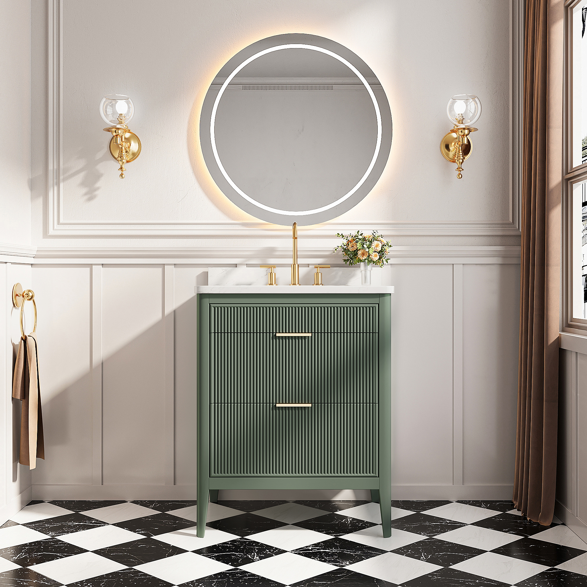 30"/36"/48" Freestanding Single Sink Bathroom Vanity with Solid Wood Construction & Marble Top