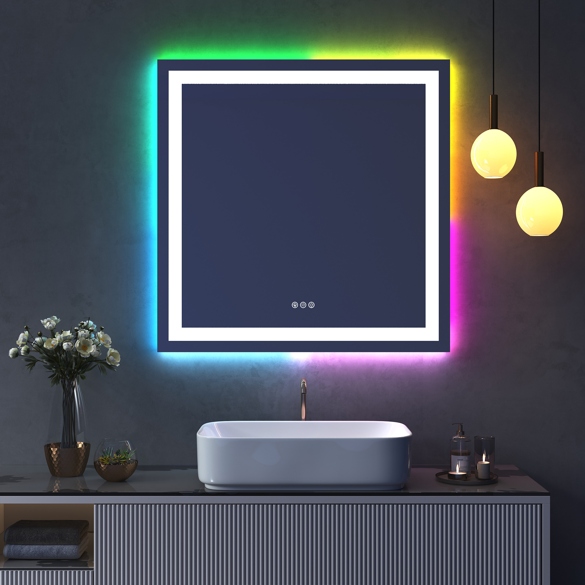 Tempered RGB LED Bathroom Mirror with Smart Controls & Anti-Fog