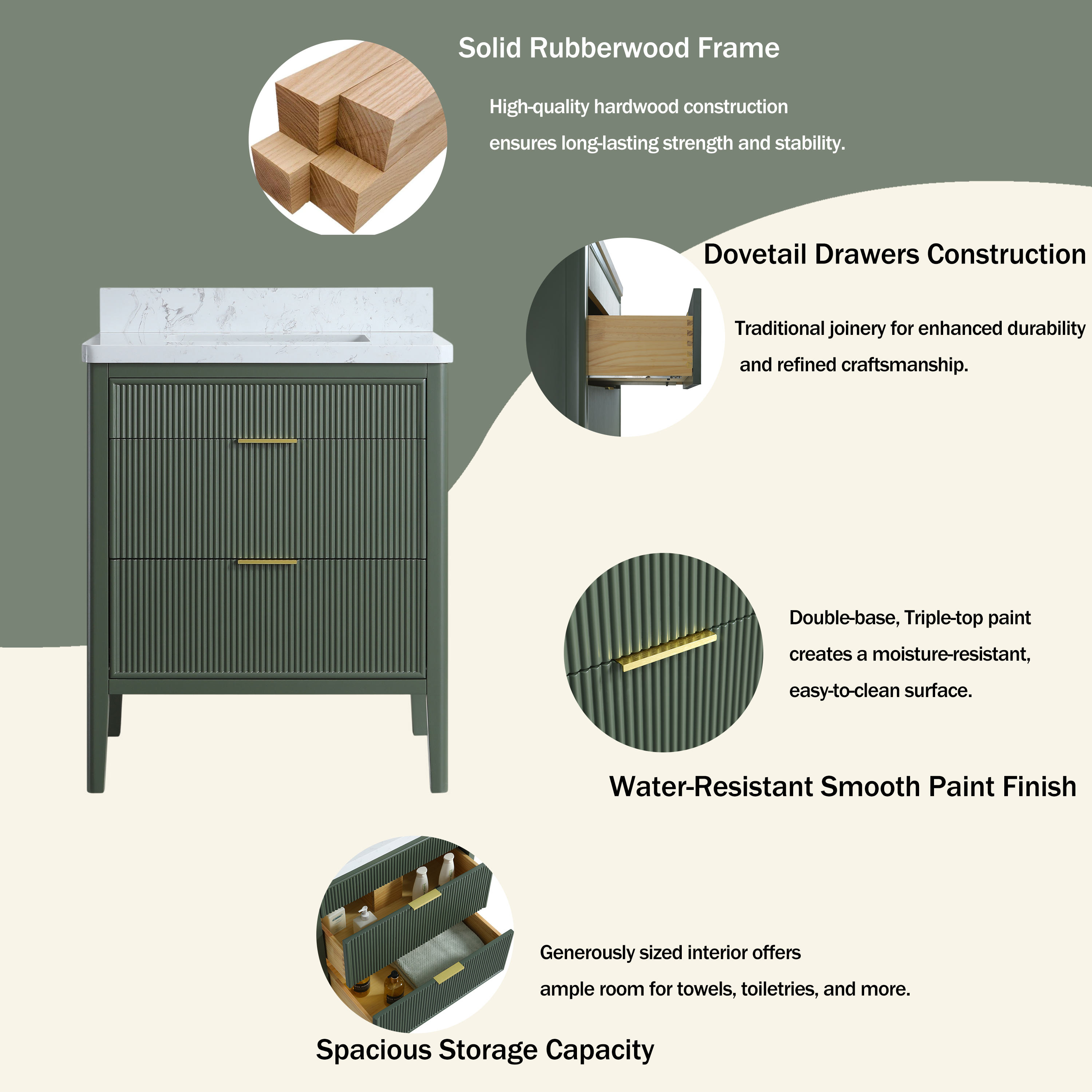 30"/36"/48" Freestanding Single Sink Bathroom Vanity with Solid Wood Construction & Marble Top