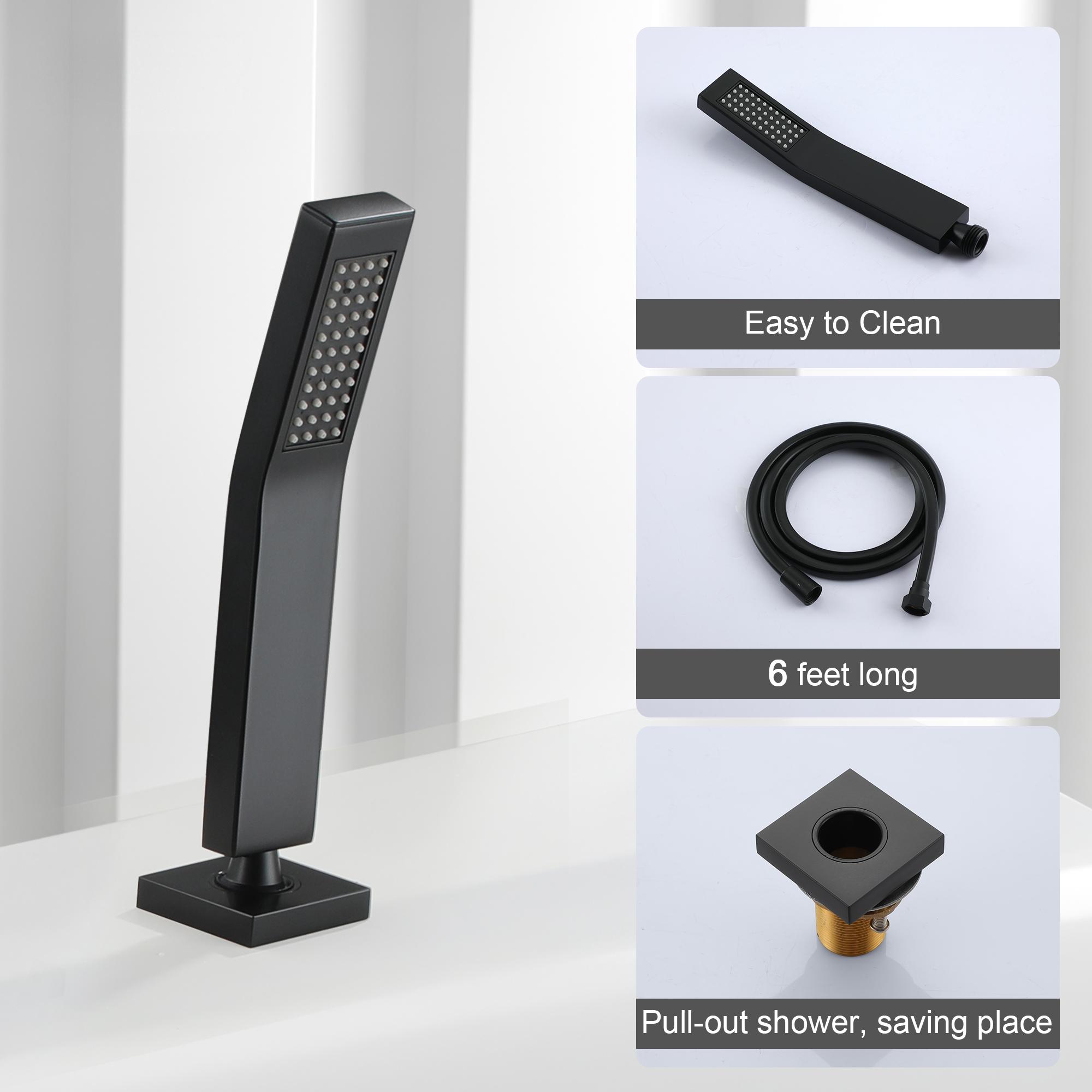 Deck Mounted Roman Tub Faucet with Hand Shower and Water Supply Hose