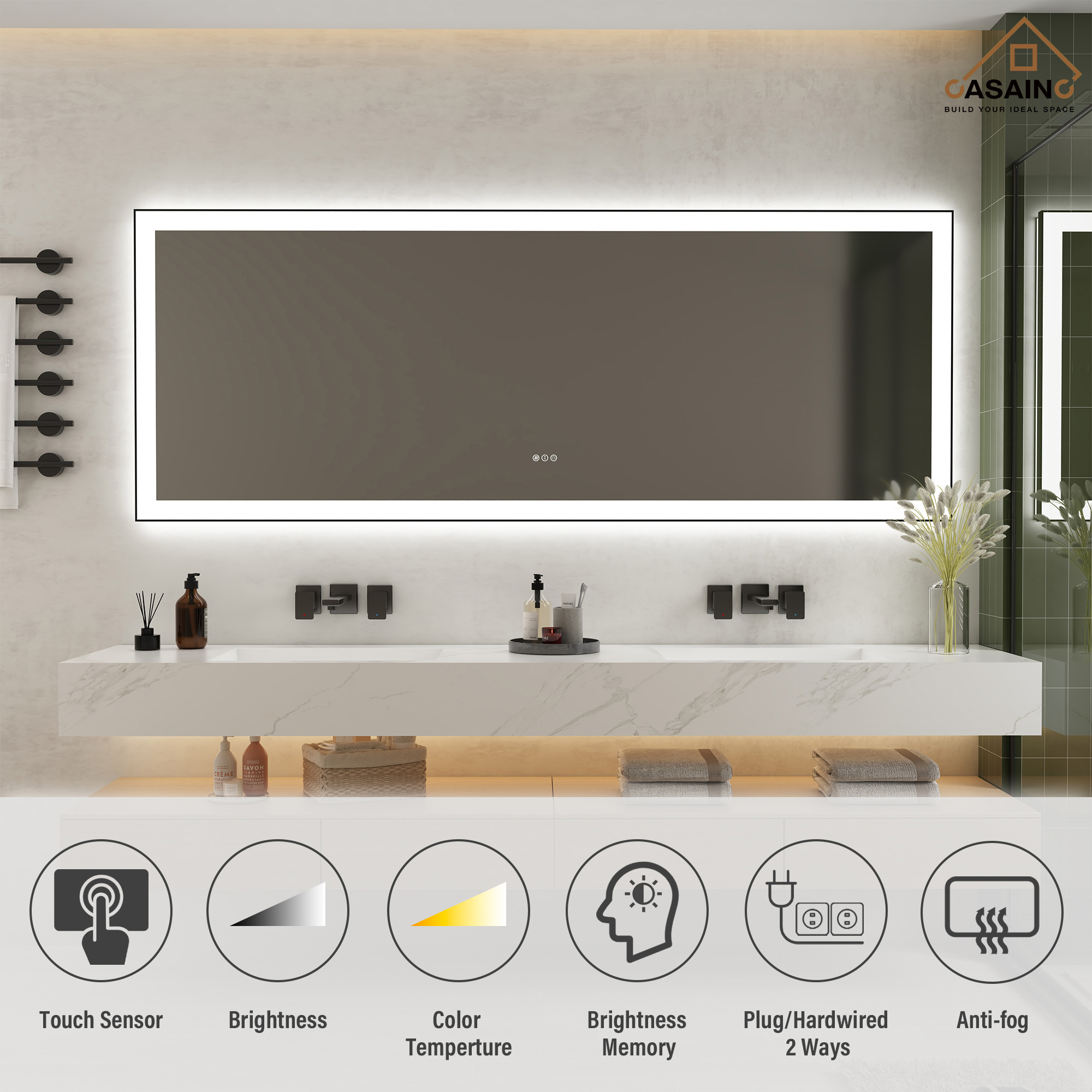 Tempered Glass LED Mirror with Aluminum Frame for Bathroom Vanity