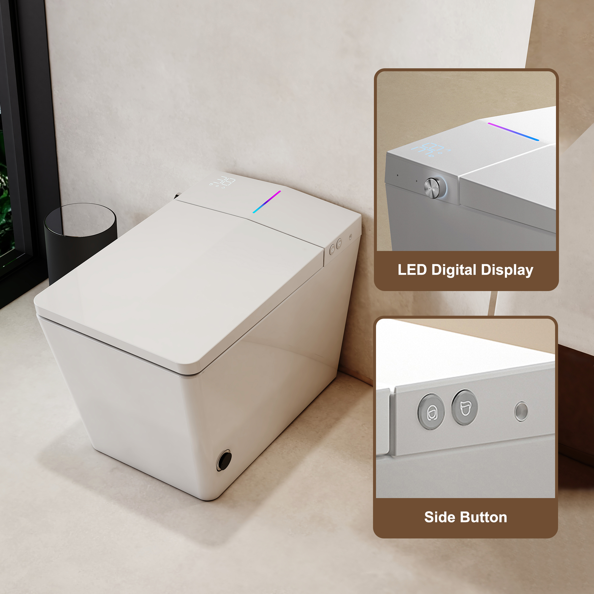 Black & White Smart Built-in Tank Bidet Toilet with Foot-Touch Lid Opening