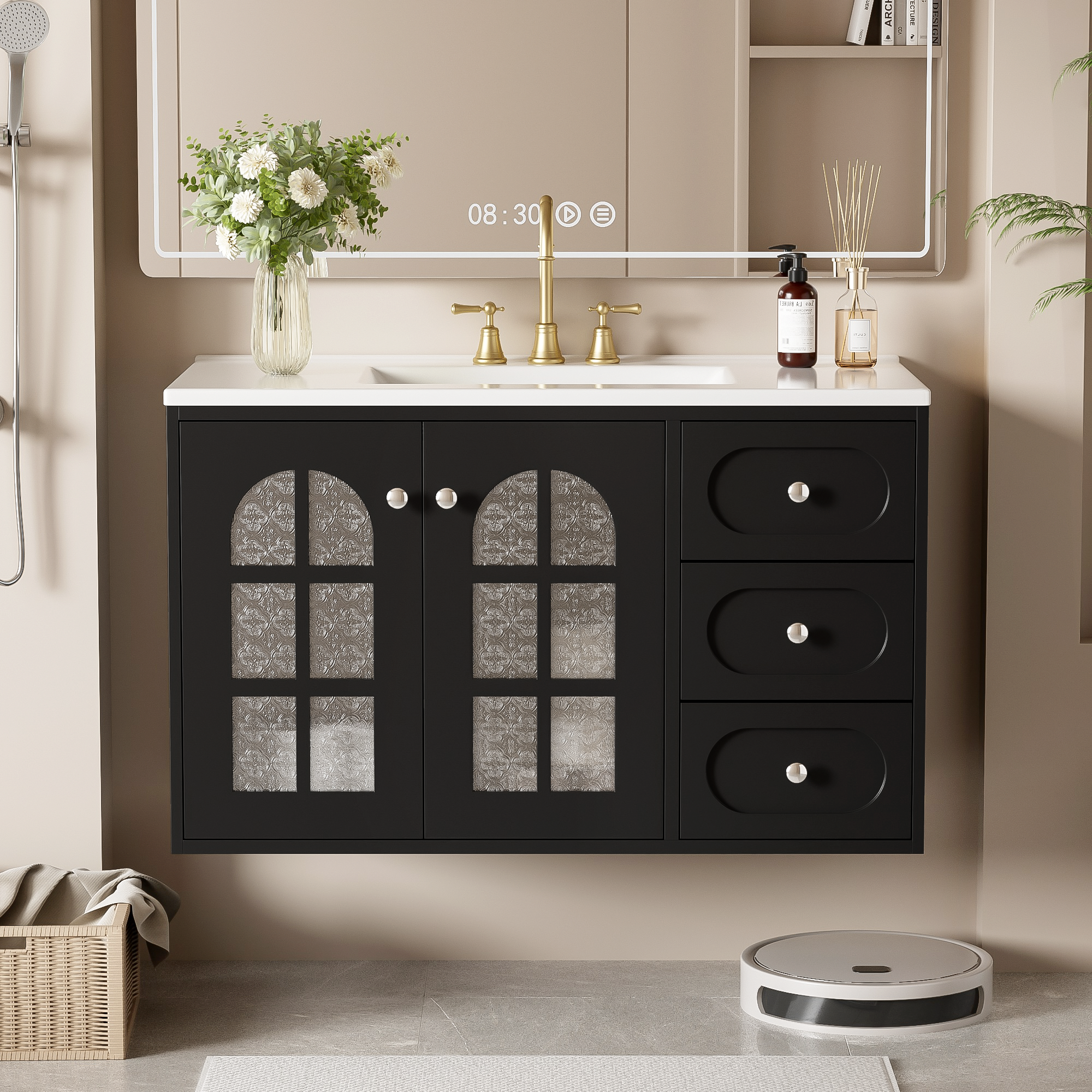 36" Wall Mounted Bathroom Vanity with Ceramic Sink & 3 Drawers