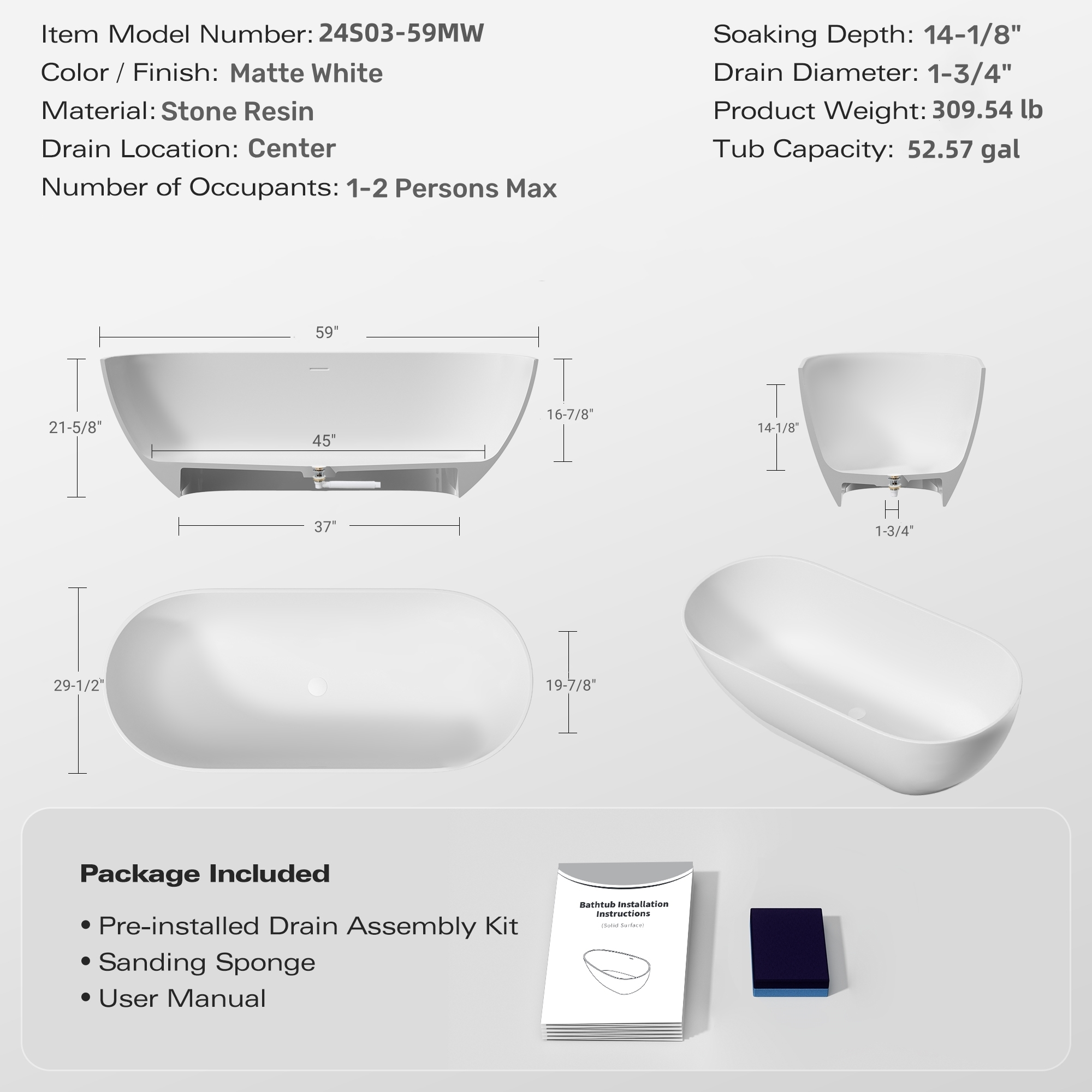 59"/63"/69" Modern Stone Resin Freestanding Soaking Tub with Spa-Level Comfort