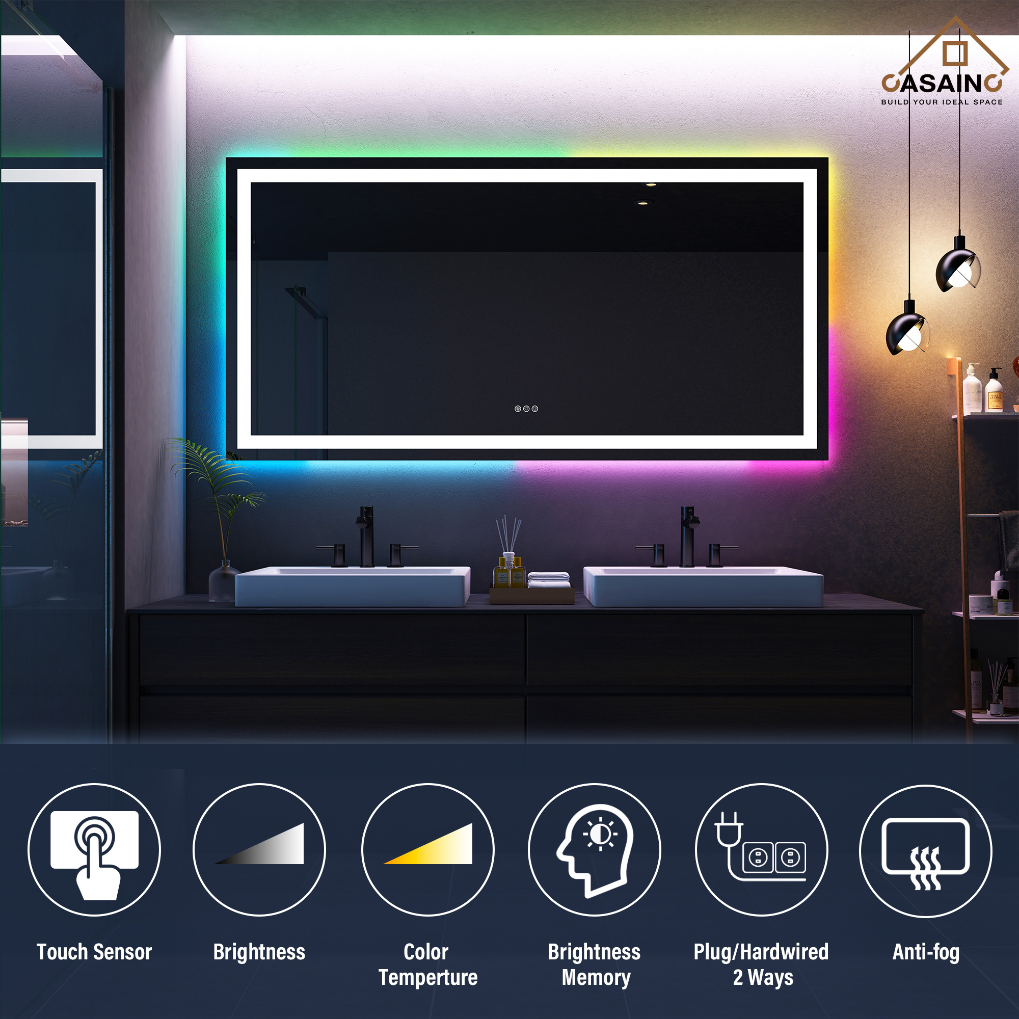 Tempered RGB LED Bathroom Mirror with Smart Controls & Anti-Fog