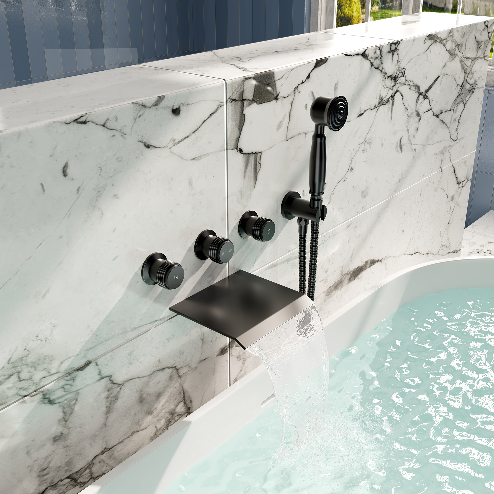 Wall-Mounted Waterfall Bathtub Faucet with Handheld Shower