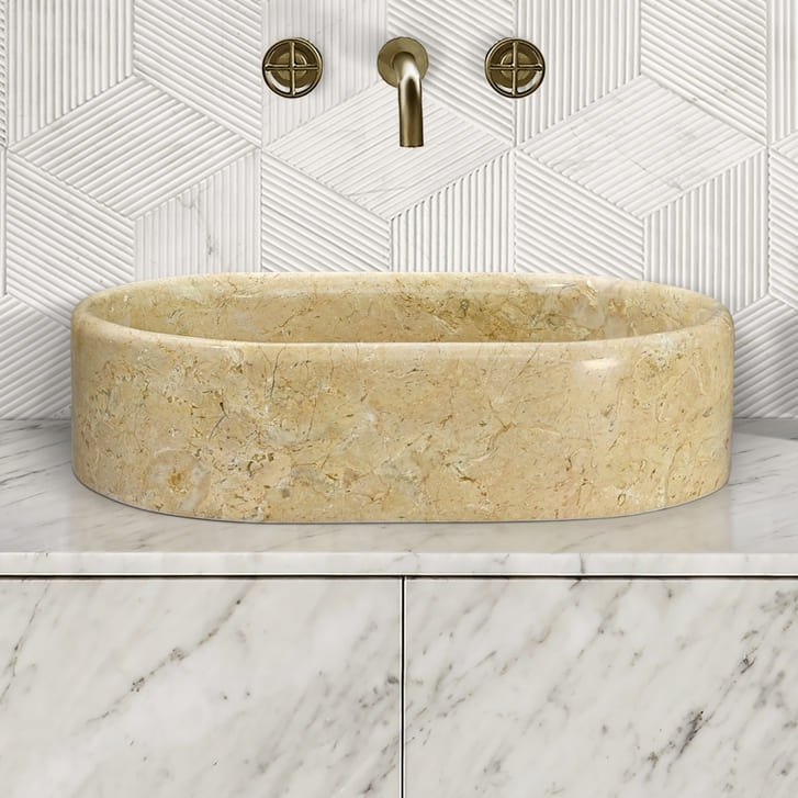 23.6" Natural Marble Vessel Sink with Polished Finish – Real Stone Bathroom Basin in  Beige Gold/White Natural/Gray/Green