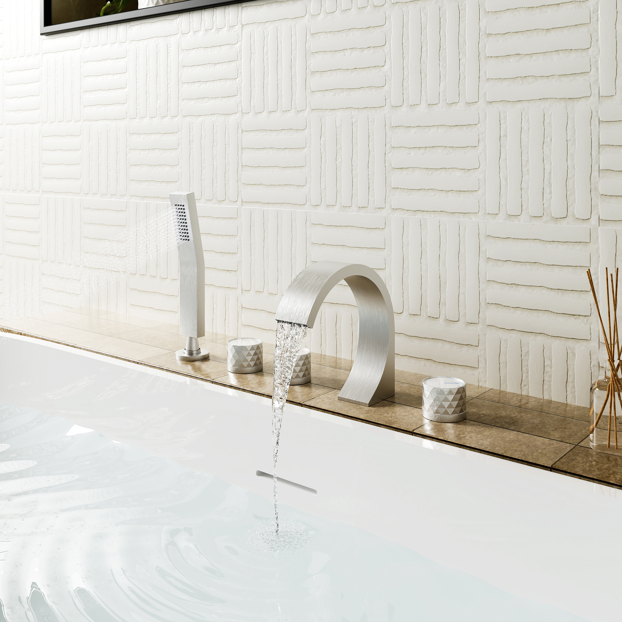 C-Shaped Curved Design 3-Handle Roman Bathtub Faucet with Hand Shower