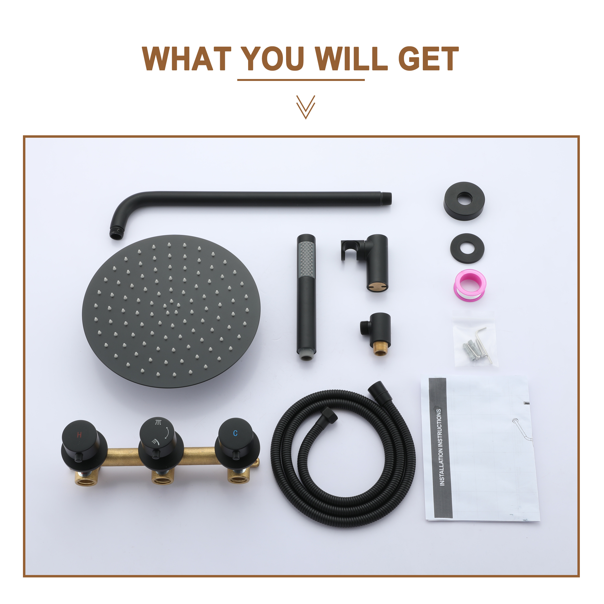 10" Matte Black Built-in Rainfall Shower System with Hand Shower