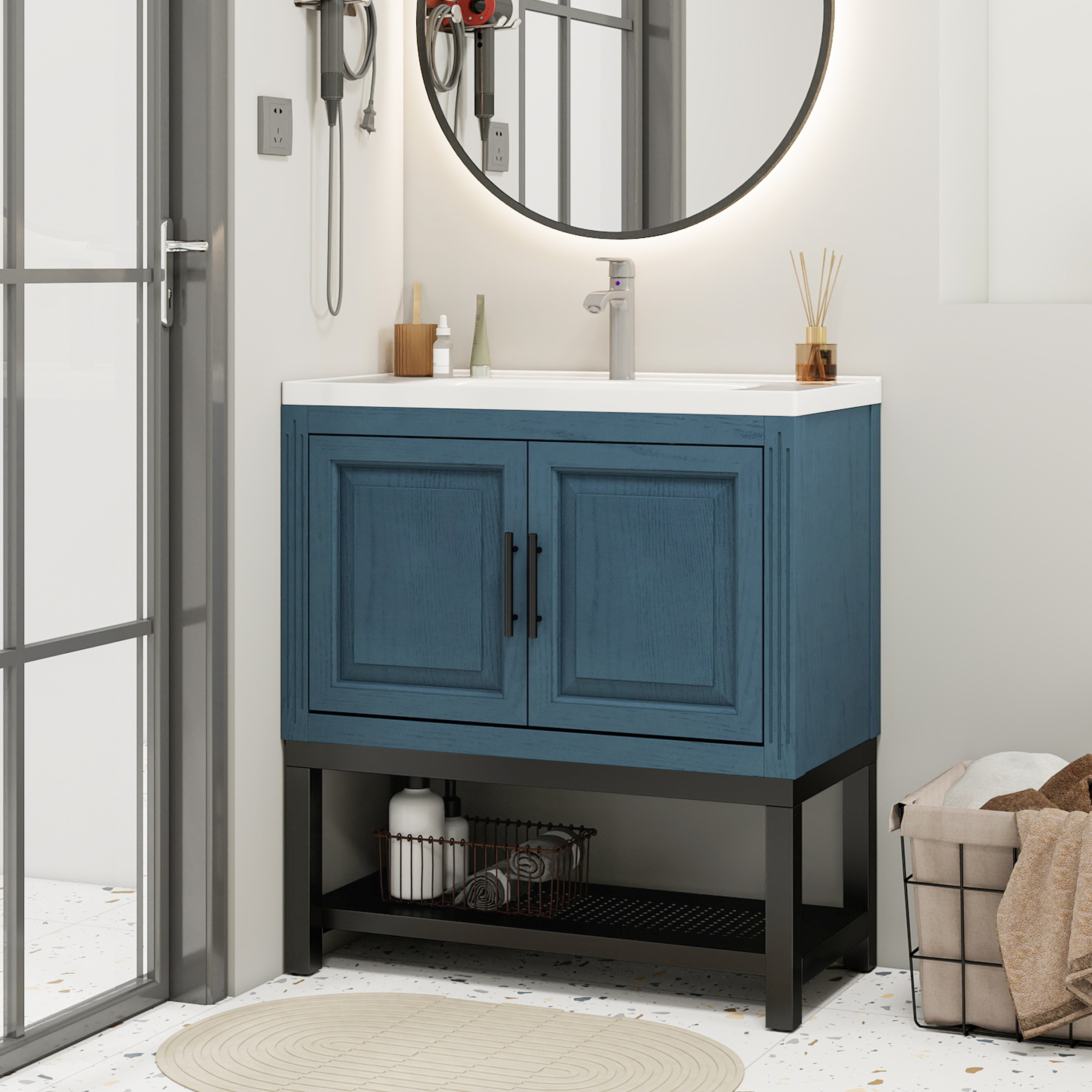 Freestanding Bathroom Vanity with White Ceramic Sink & Hot and Cold Faucet