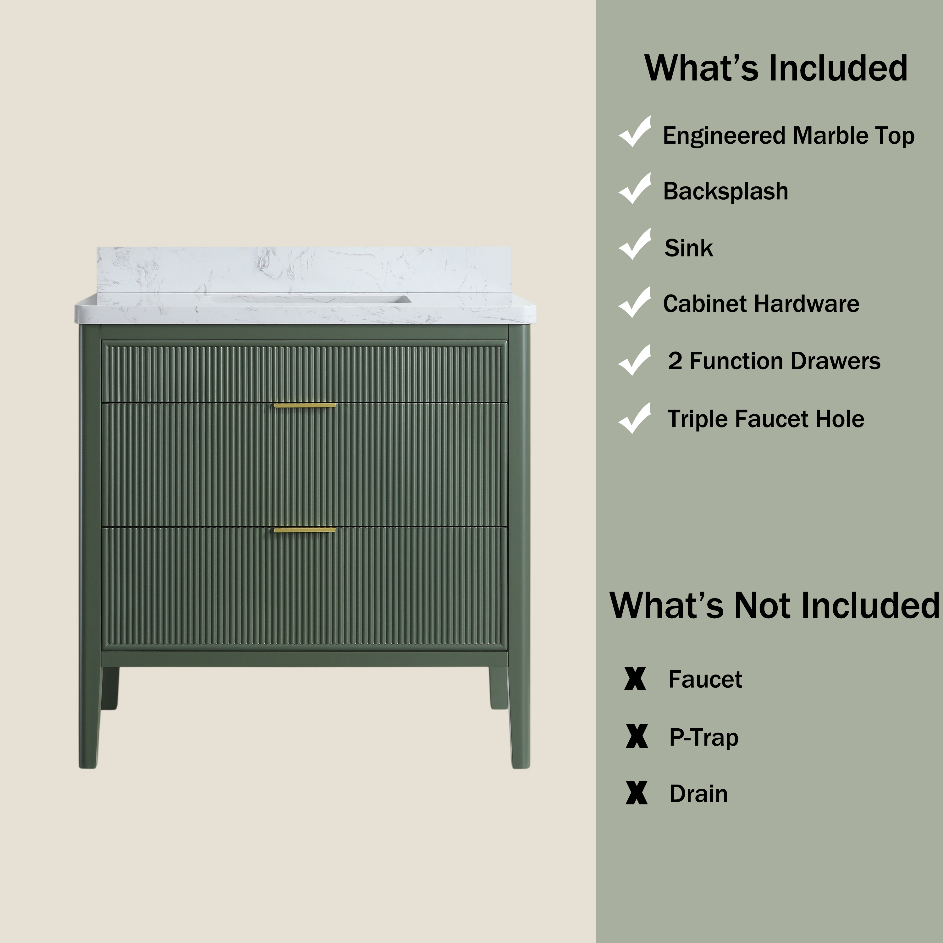 30"/36"/48" Freestanding Single Sink Bathroom Vanity with Solid Wood Construction & Marble Top