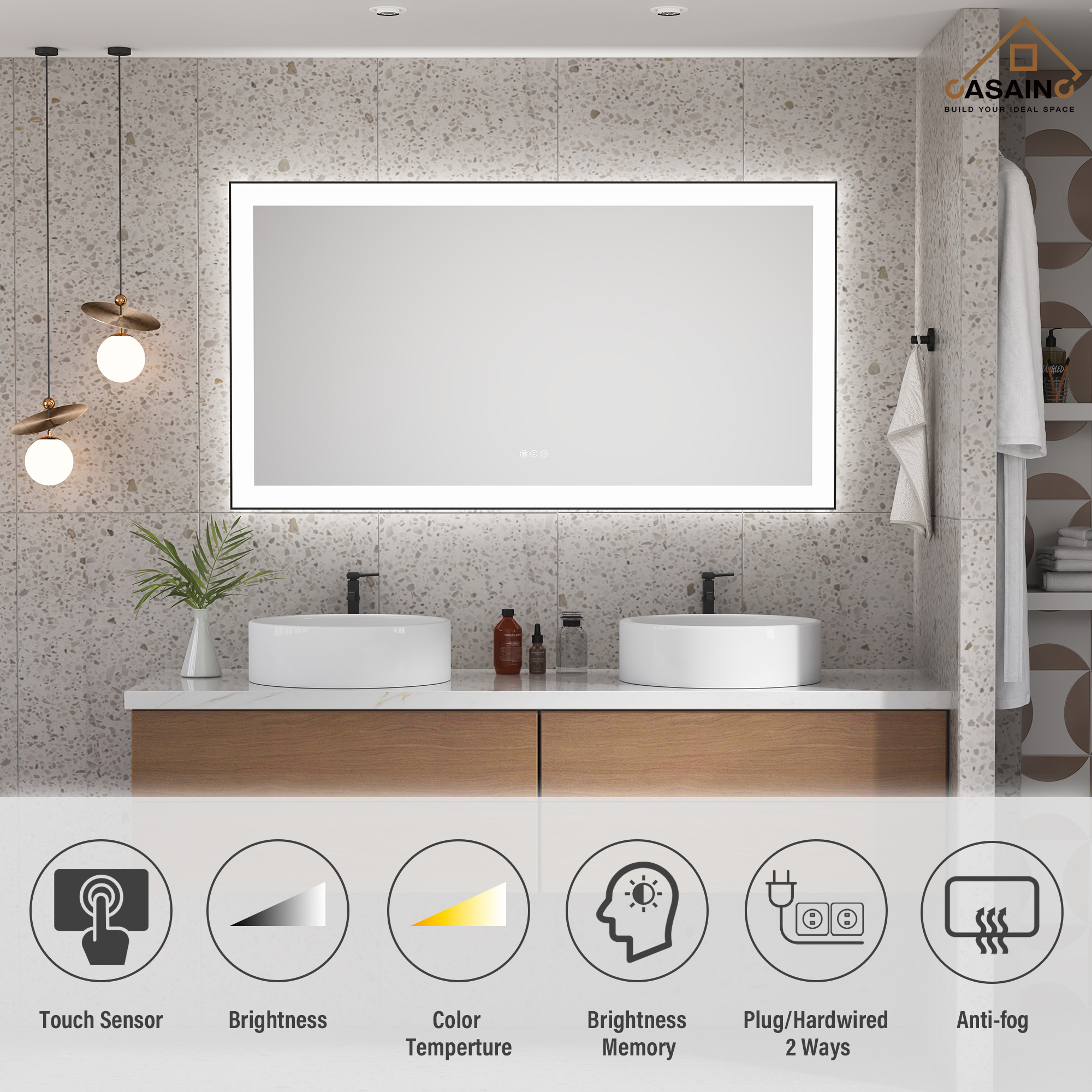 Tempered Glass LED Mirror with Aluminum Frame for Bathroom Vanity