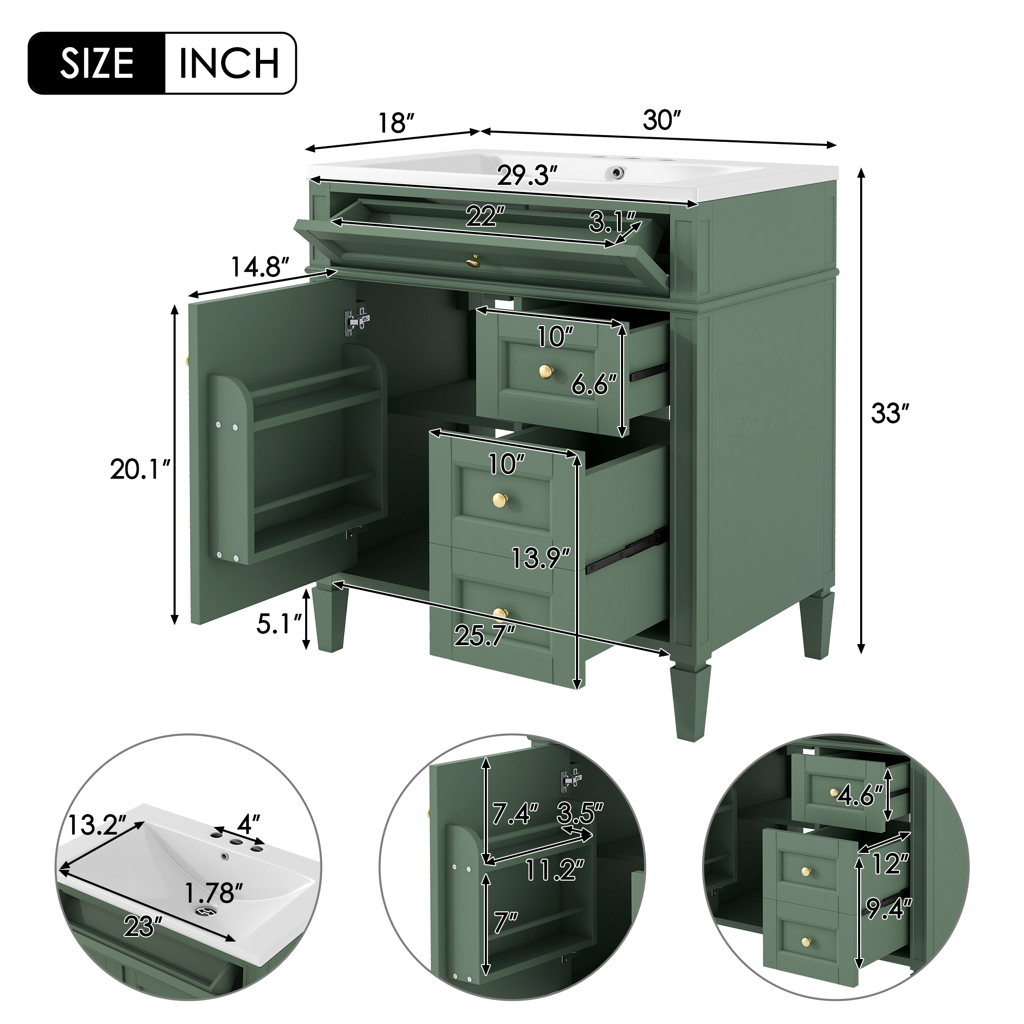 30" Freestanding Bathroom Vanity in Green with 2 Drawers and a Tip-out Drawer