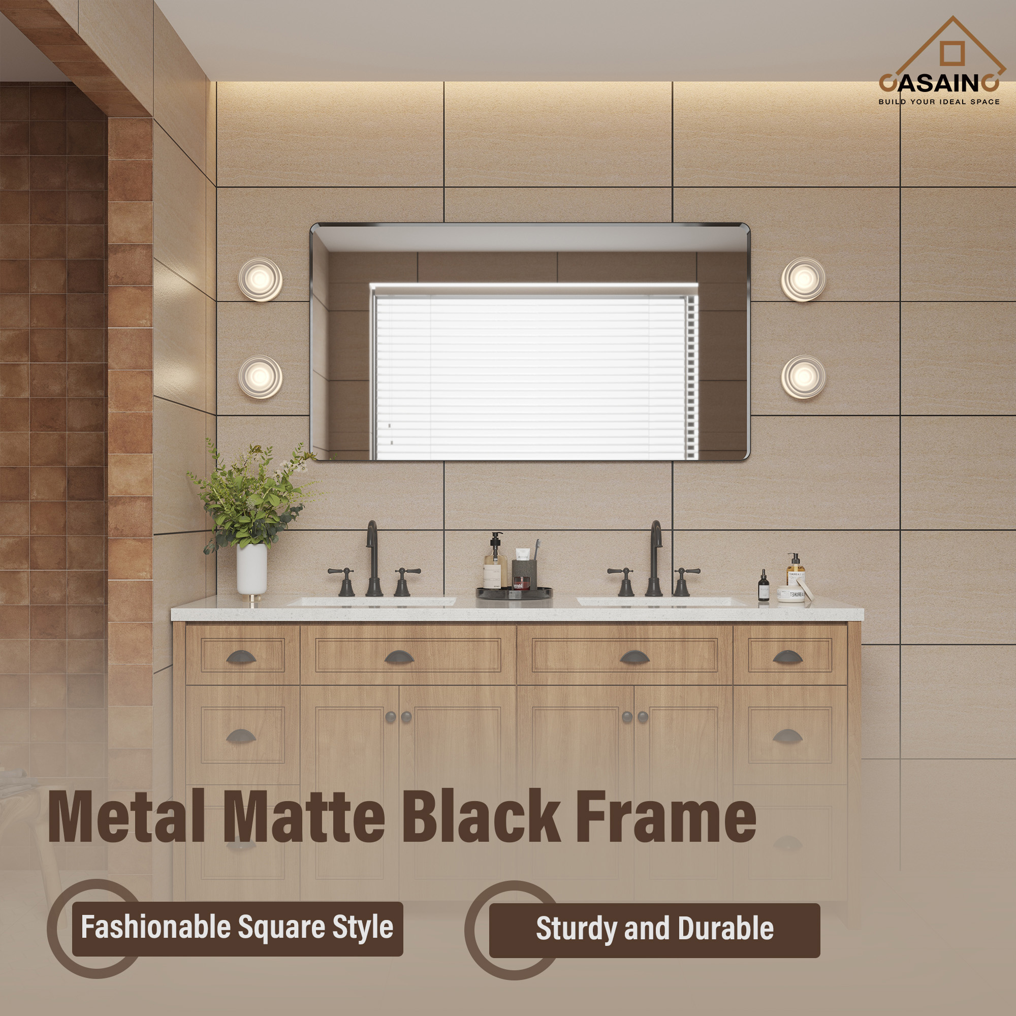 Wall-Mounted Vanity Mirror with Matte Black Metal Frame